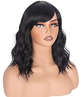Vista 4 de Pelucas Bob Onduladas Negras Naturales a la Altura del Hombro Para Mujeres Pelucas Cortas Onduladas Con Flequillo Pelucas Sintéticas Onduladas