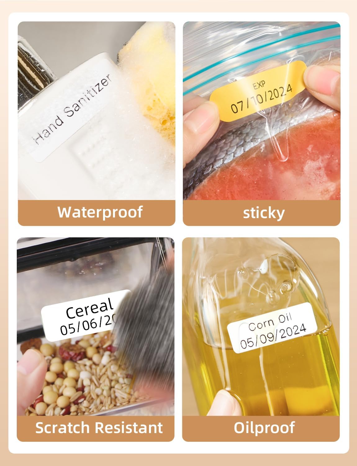 Quattru examples of labels showing waterproof, sticky, scratch resistant, and oilproof properties