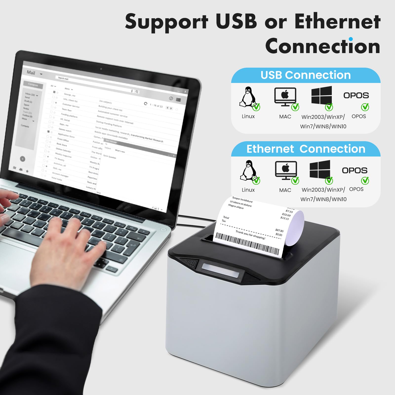NUCOUN Impresora térmica de recibos, impresora POS USB de 80 mm, cortador automático, soporte para cajón de efectivo, compatible con Windows/Mac/Linux, impresora para hogar, oficina, restaurante
