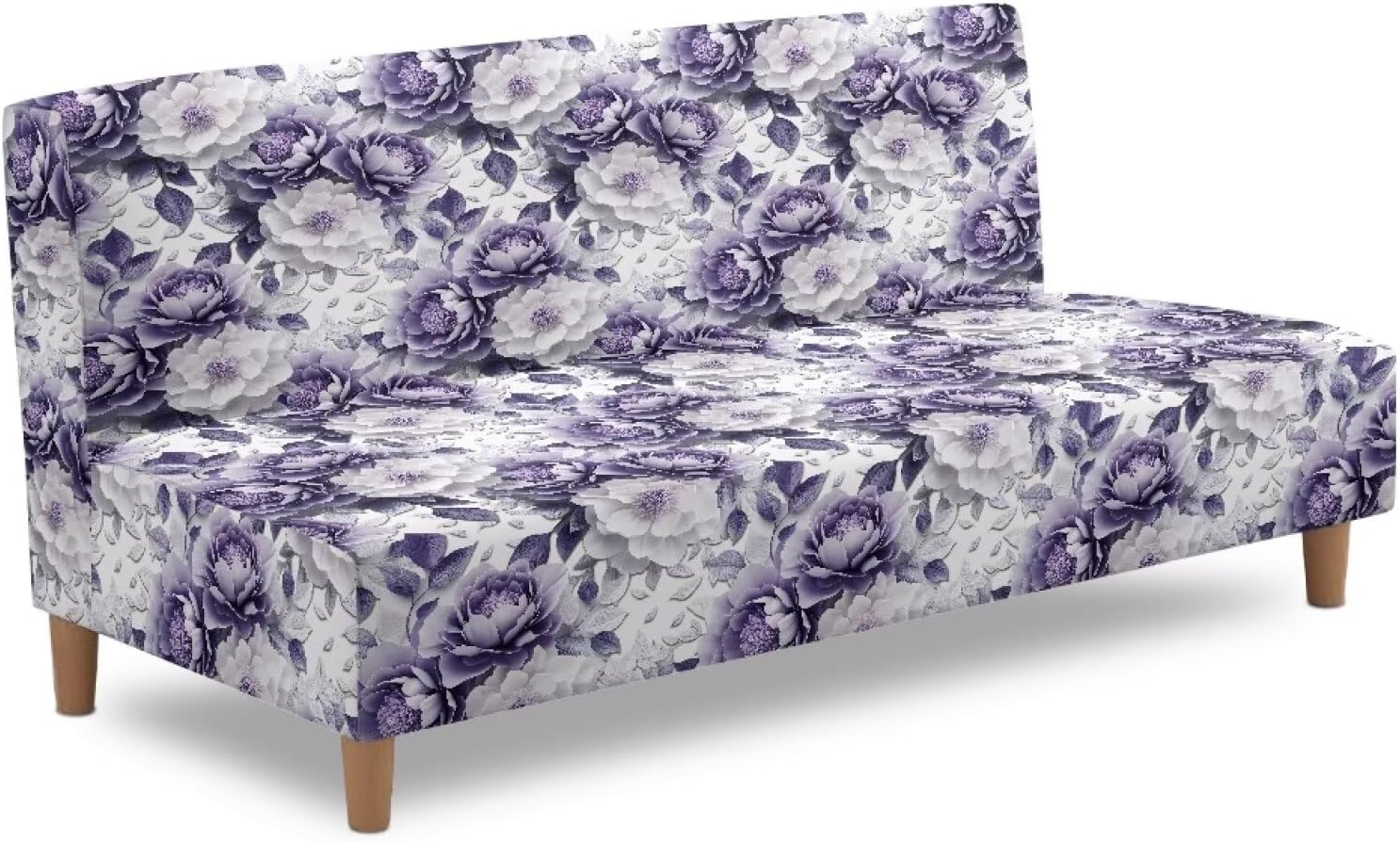 Armless Sofa Cover Futon Slipcover Stretch Elastic Folding Couch Bed Covers Non-Armrest Couch Furniture Protector Printed Washable Sofa Cover Without Armrests,Purple White Flower