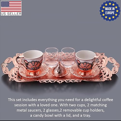 Miniatura 7 de Juego de 2 tazas de café turco hechas a mano con vasos, platillos, portavasos, cuenco para dulces y bandeja, tazas de café expreso para una