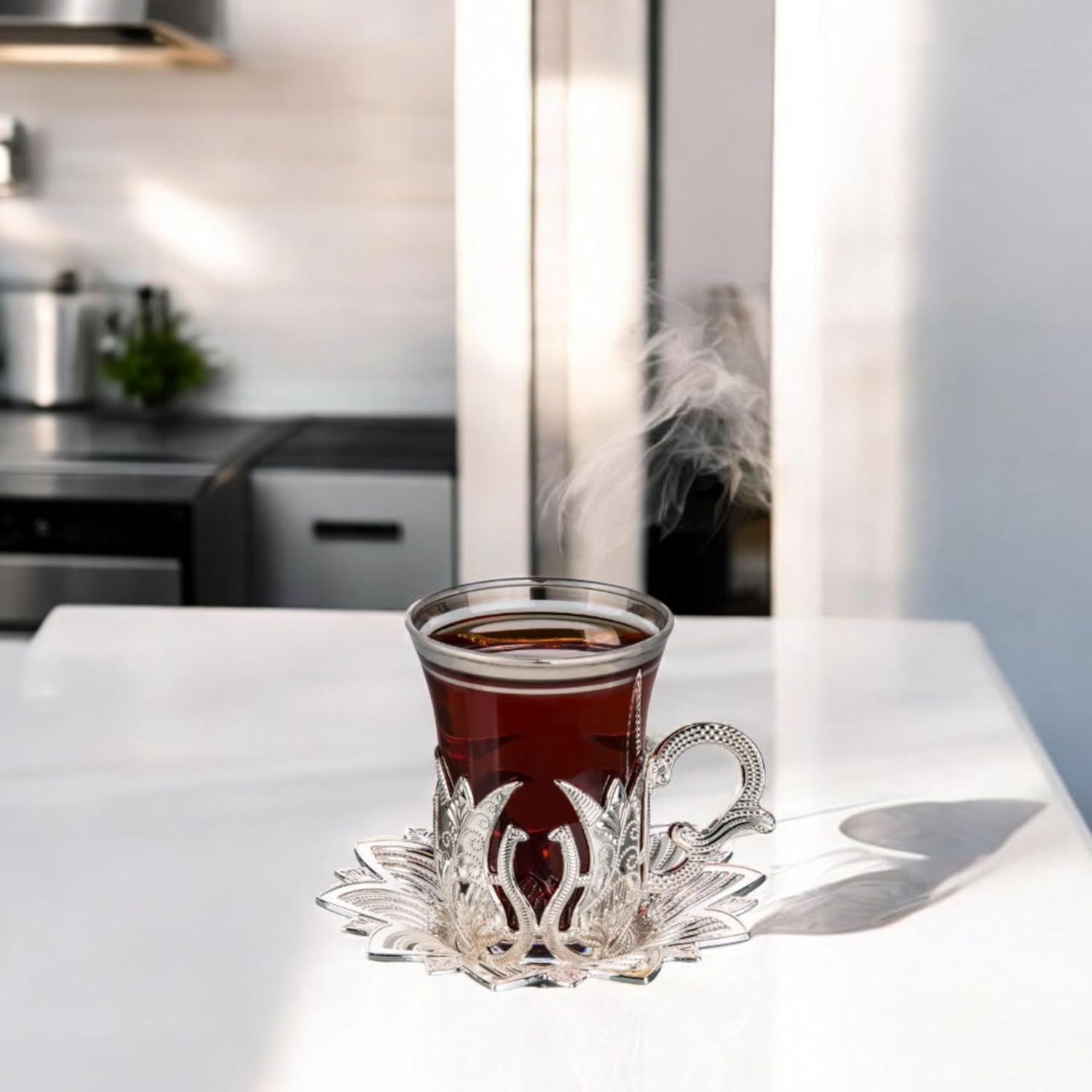 LaModaHome Vintage Handmade Turkish Tea Glasses with Saucer and Holders, Ottoman and Arabic Cups Set of 6 for Serving, Guests, Teatime, Dinner, Housewarming Gifts, Wedding, Events, Tableware - Silver