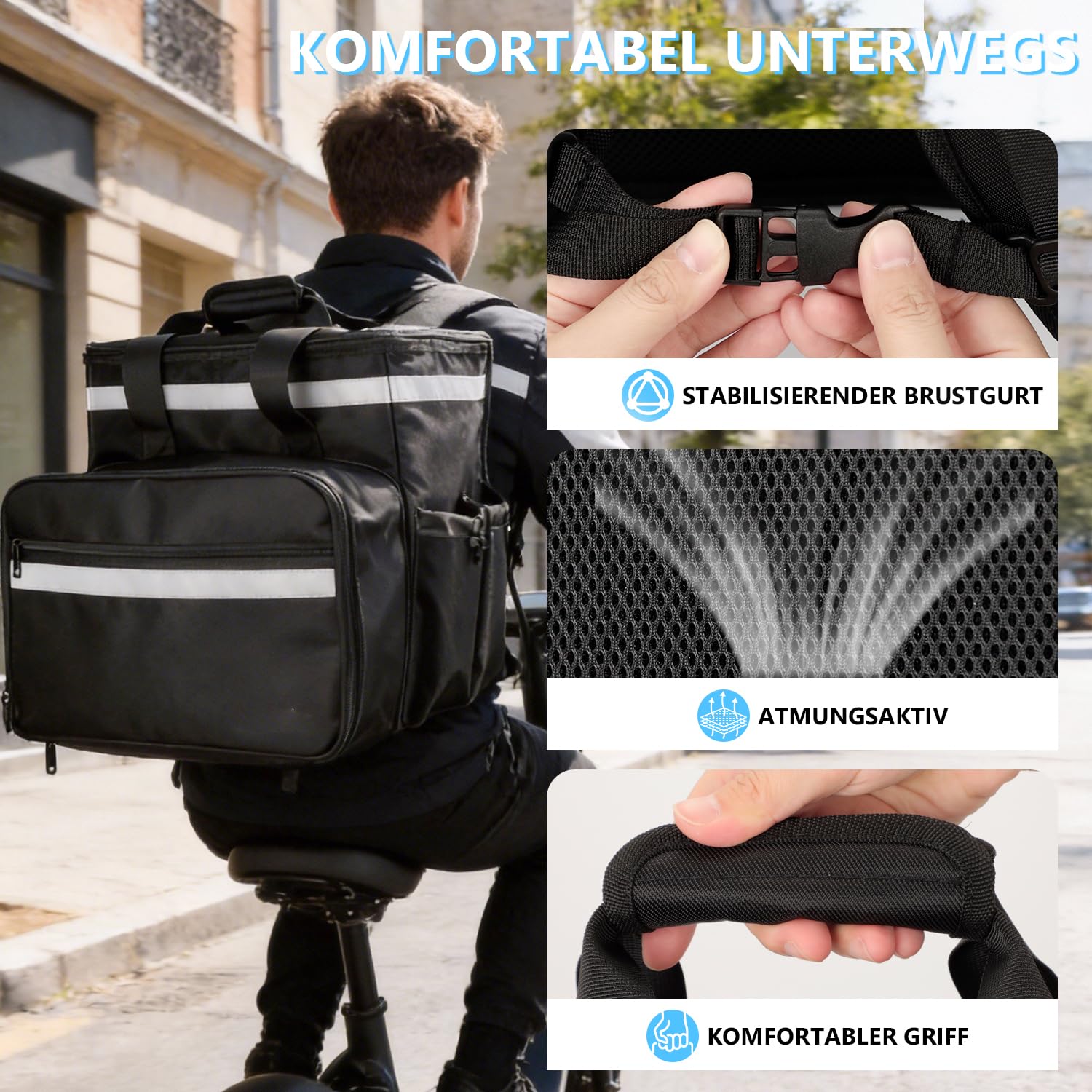 Borsa per la consegna del cibo, zaino espandibile con 4 portabevande, grande borsa termica per pizza e cibi caldi/freddi, zaino riflettente per Uber Eats, DoorDash, Grubhub, nero