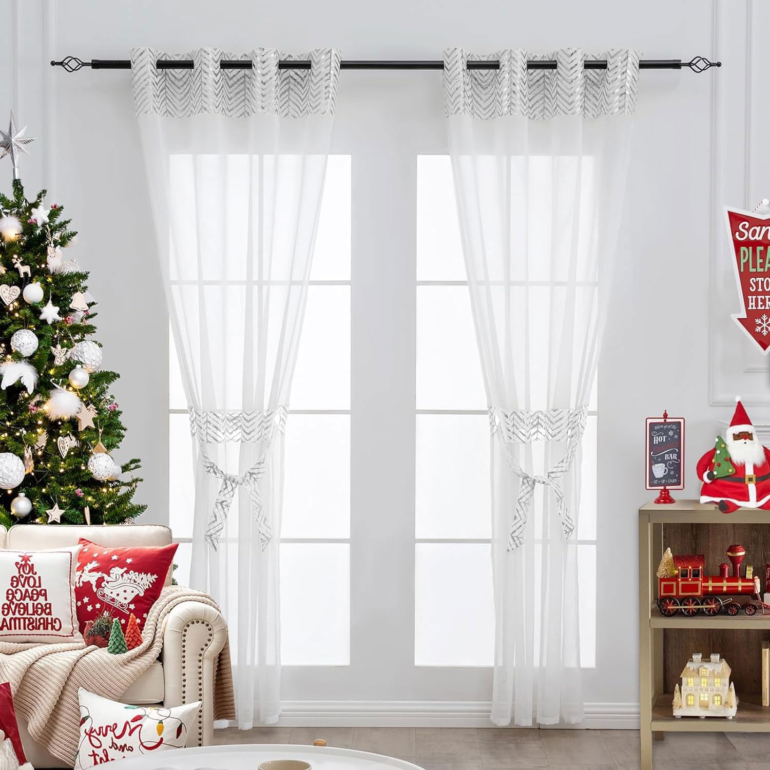 L.Z.E White Sheer Curtains 63 Inch Length 2 Panels Set, Elegant Silver Patterned Curtains for Living Room Dining Room, Light Filtering Linen Textured