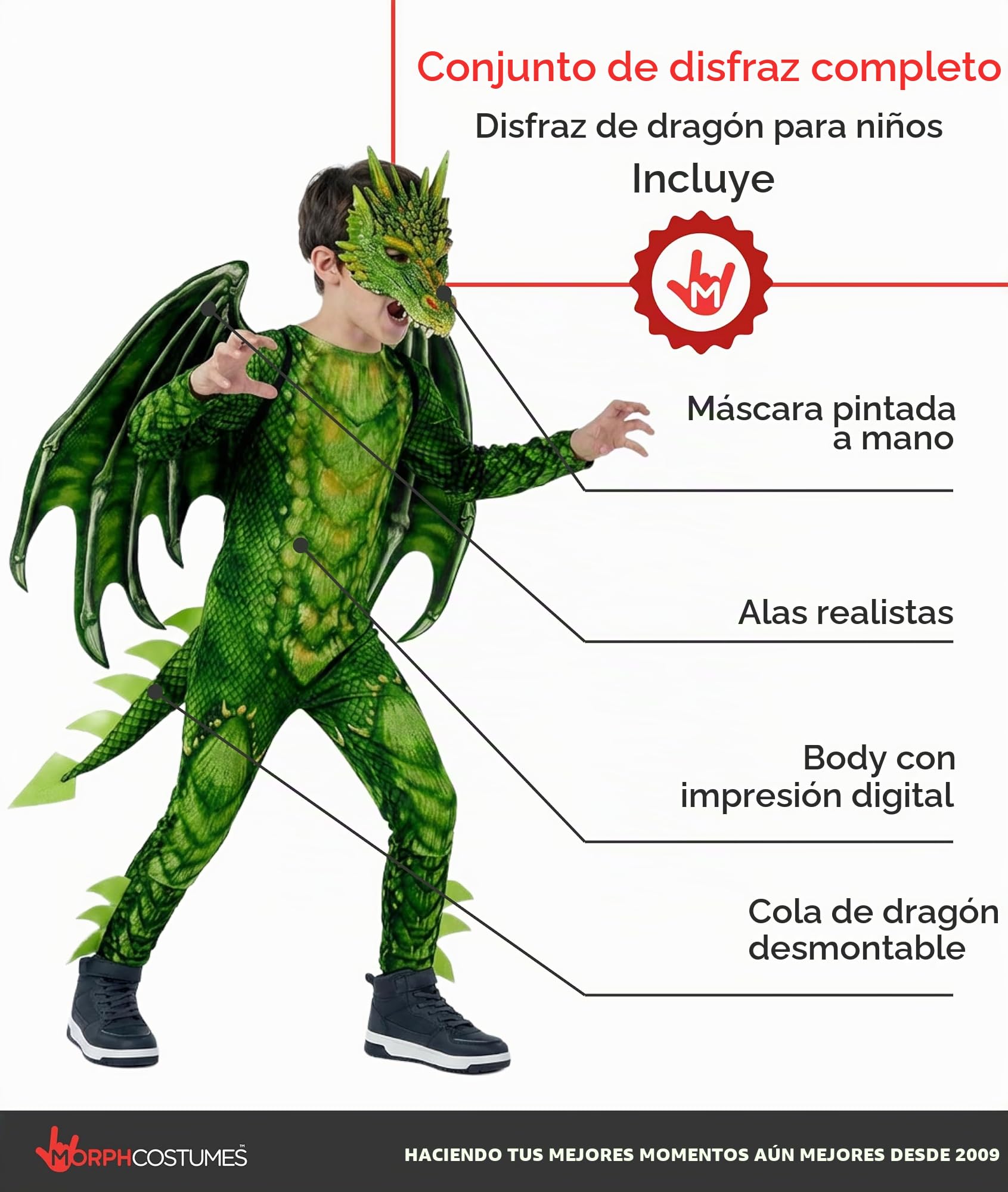 Morph Disfraz Dragón Niño y Niña, Máscara Dragón, Disfraces para Carnaval y Halloween