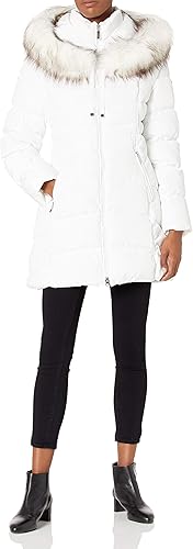 Laundry by Shelli Segal Chaqueta acolchada con capucha de 34 para mujer con ribete de piel sintética, color blanco real, talla L, Blanco verdadero