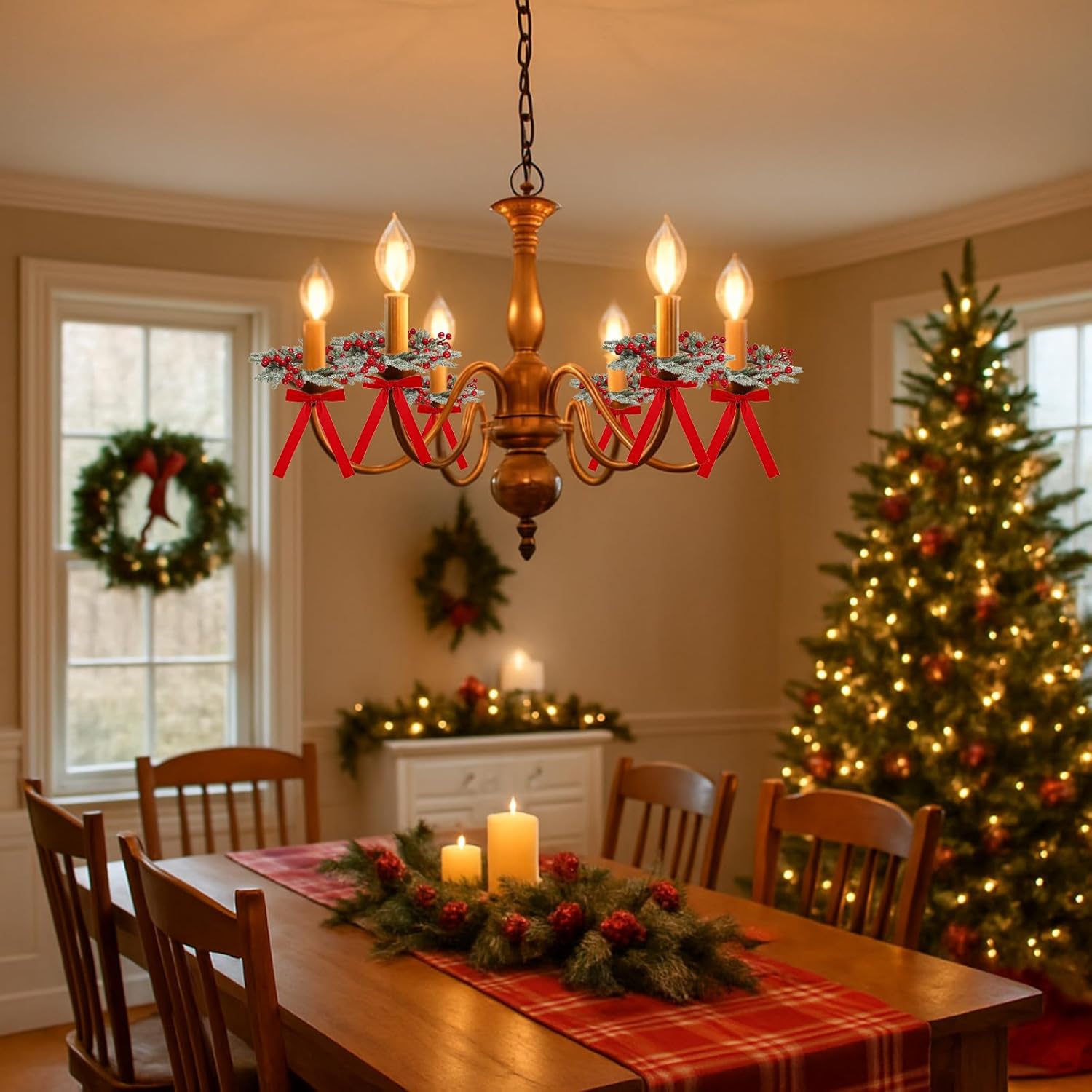 Suncalla 6 Set Christmas Chandelier Decoration Including 6 Christmas Chandelier Rings Wreaths with 6 Red Velvet Bows, Artificial Berry Snowy Pine Wreath Garland for Xmas Ornament Holiday Decor