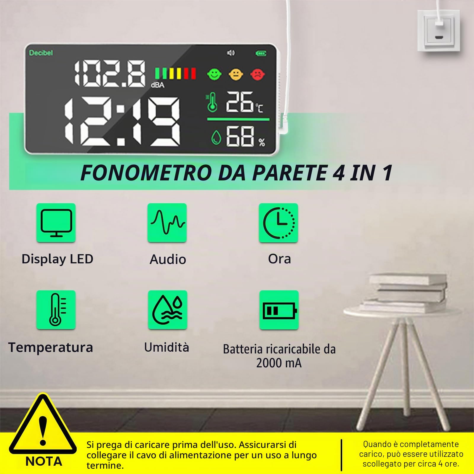 Misuratore di Livello Sonoro da Appendere a Parete 30~130dB Misuratore di Livello Sonoro 11" LED Fonometro Misuratore Decibel/Temperatura/Umidità con Indicatore, Fonometro ricaricabile e USB Cavo