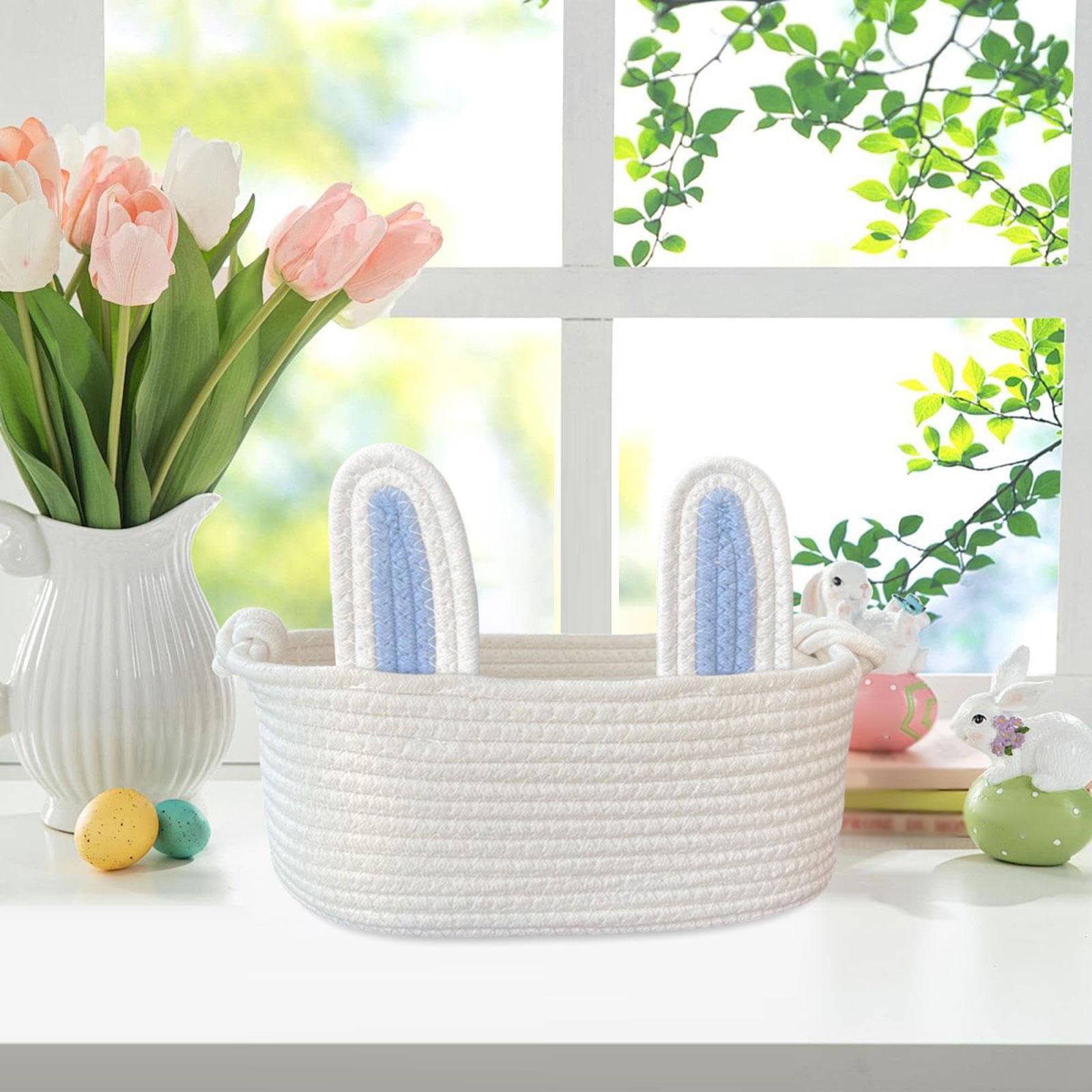 Harilla Osterkorb mit Hasenmotiv, Eierbeutel für, Geschenkkorb, leer, handgefertigt, Haseneimer, Tragetasche, gewebter Korb für, Blau Und Weiß