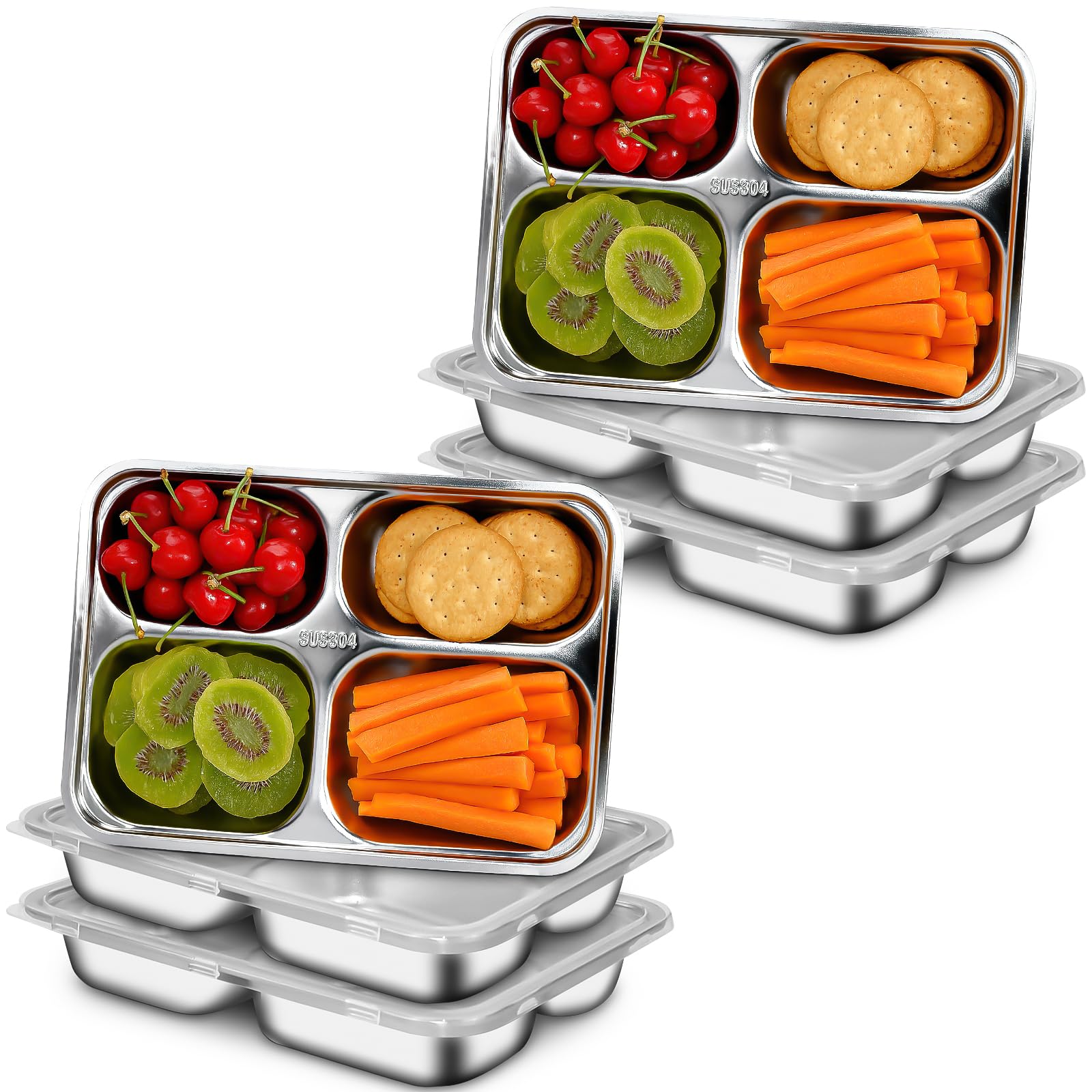6 Pack Stainless Steel Divided Dinner Plates, 4 Compartment Metal Meal Trays with Lids, Metal Snack Serving Plate for Kids Adults Home School Canteen Catering (24 x 17 x 4 cm)