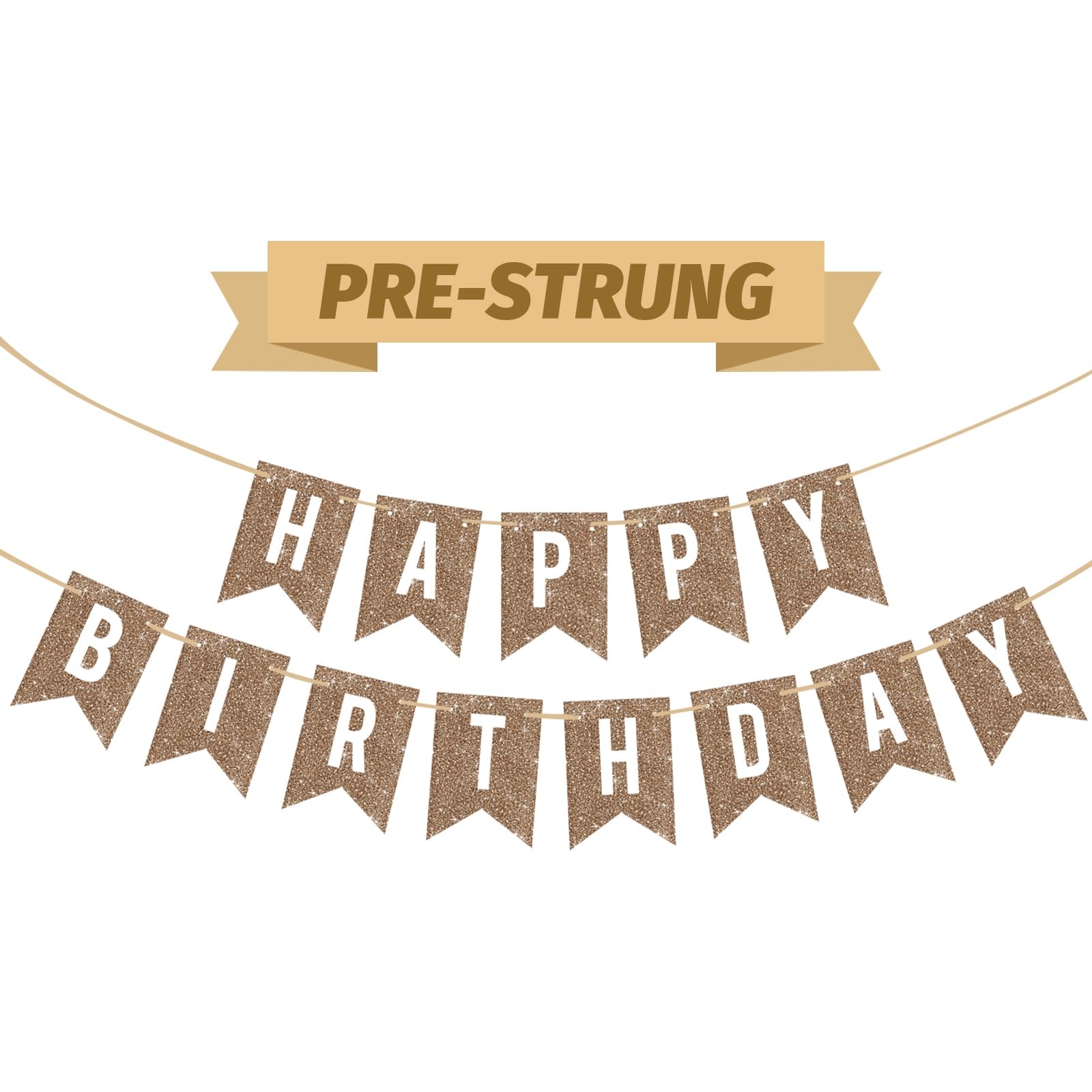 Pre-Strung Champagne Gold Glitter Happy Birthday Banner Decorations, Reusable Happy Birthday Bunting Sign for Backdrop, No Assembly Required Hanging Garland for Women Men Girls Boys Party Decorations