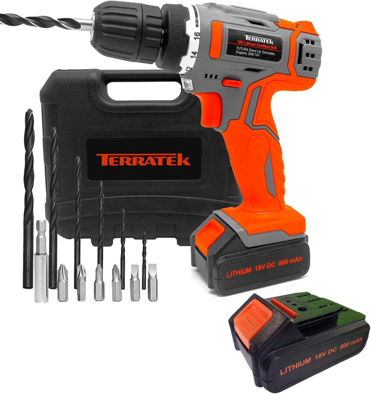 Terratek 13Pc Cordless Drill Driver 2 Batteries 18V/20V-Max Li-Ion Combi Drill in Carry Case, Electric Screwdriver, Accessory Kit, LED Work Light,2 x Quick Change Battery & 1 x Charger Included