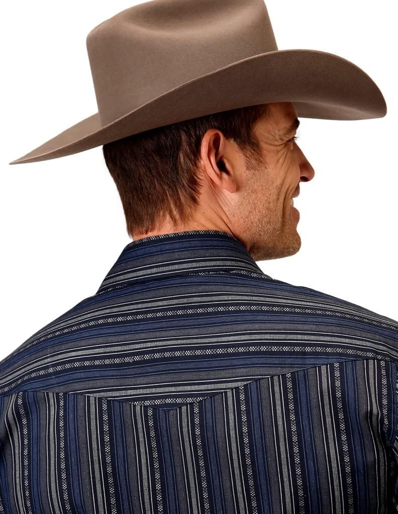 MENS LONG SLEEVE SNAP BLACK BLUE CREAM STRIPE WESTERN SHIRT