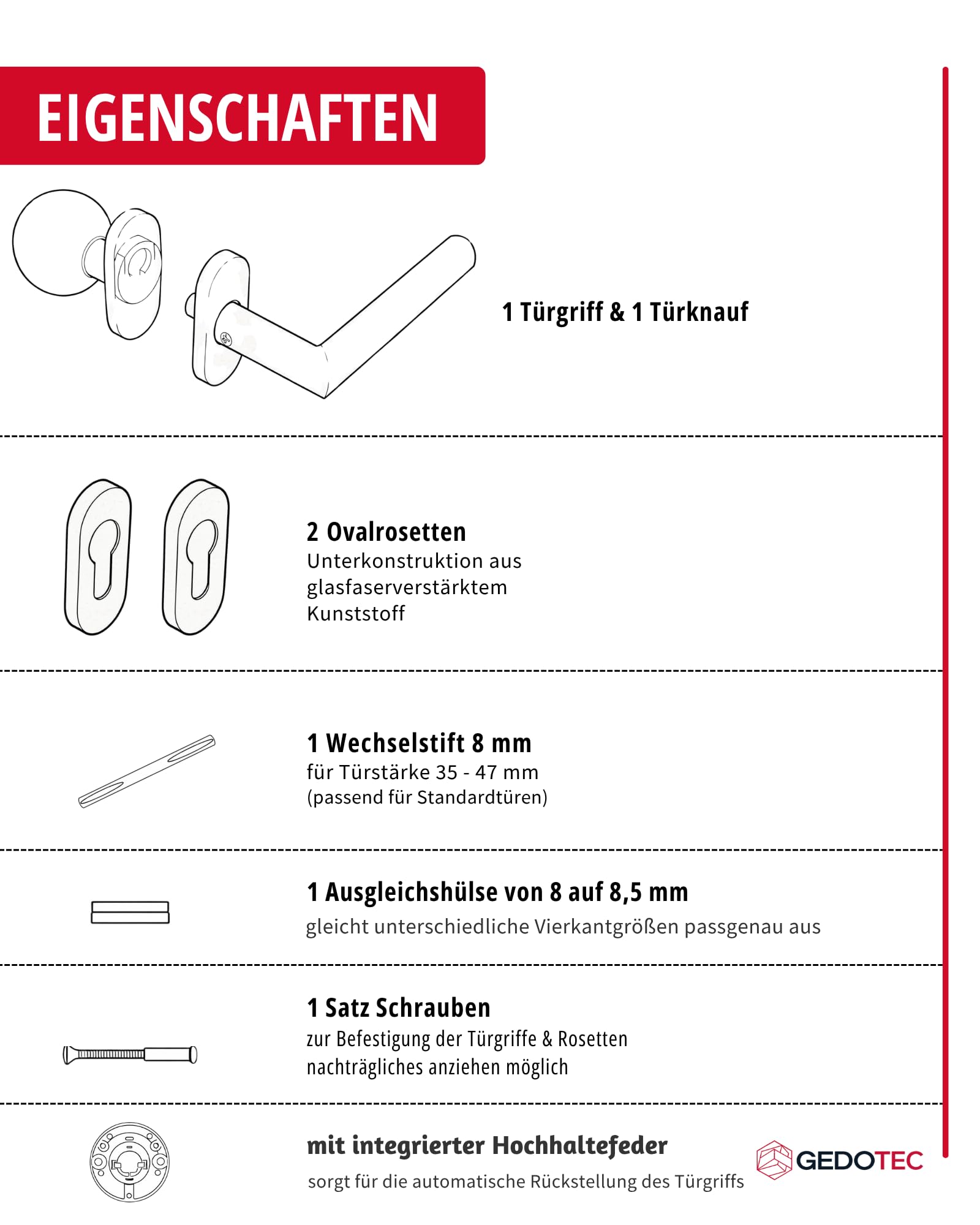 Gedotec Türgriff Zimmertür Wechselgarnitur Gartentor Türbeschlag Edelstahl L-Form auf Ovalrosette | MÜNCHEN | Tür-Knopf - Drückergarnitur PZ - Profilzylinder | 1 Türgarnitur inkl. Befestigungsmaterial