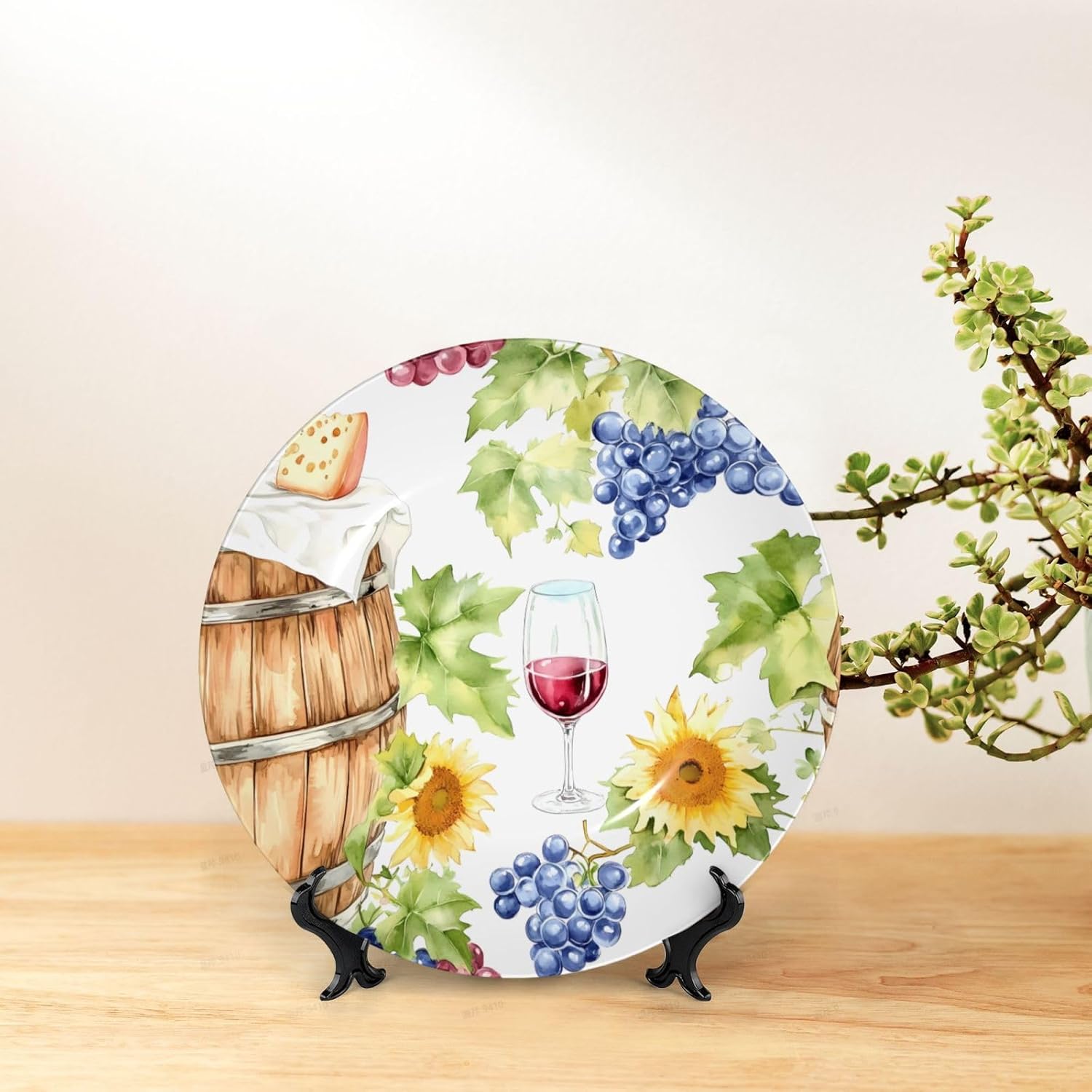 Retro Farmhouse Grapes Wine Style Ceramic Plate Display Home Display With Stand Wall Hanging Plate For Home Decor 10 Inch