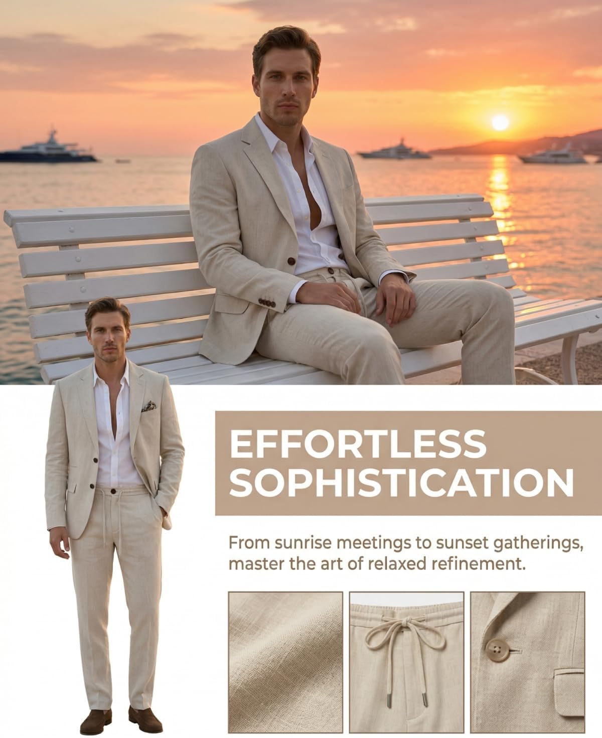 Retro Linen Mens Suit 2 Piece Slim Fit Sets Tuxedo Linen Jacket Drawstring Pant Vintage Blazer Set Prom Wedding Suits for Men