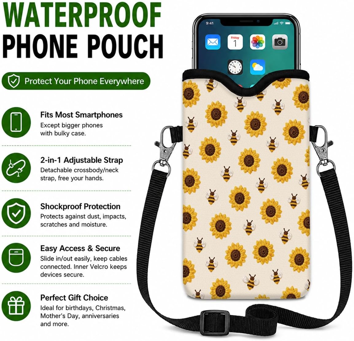 Neoprene Phone Sleeve Pouch Case Bag with Crossbody Strap, Sunflower Bees image 2