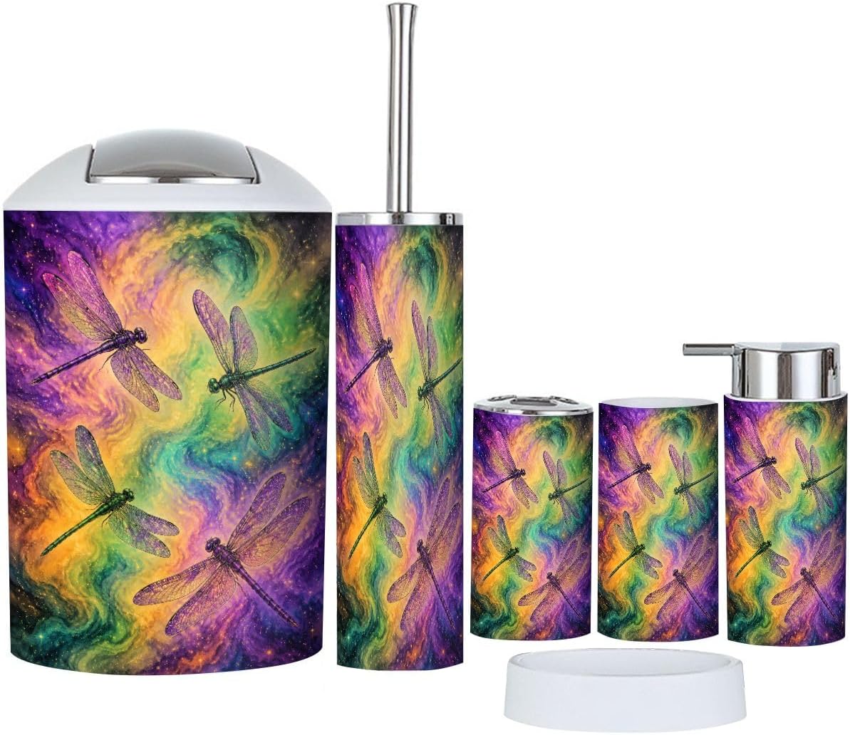 Bathroom Accessories Set 6 piece Vibrant Dragonflies Pastel Watercolor Galaxy Plastic shatterproof Vanity Organization countertop Decor for Home, Apartment, Dorm