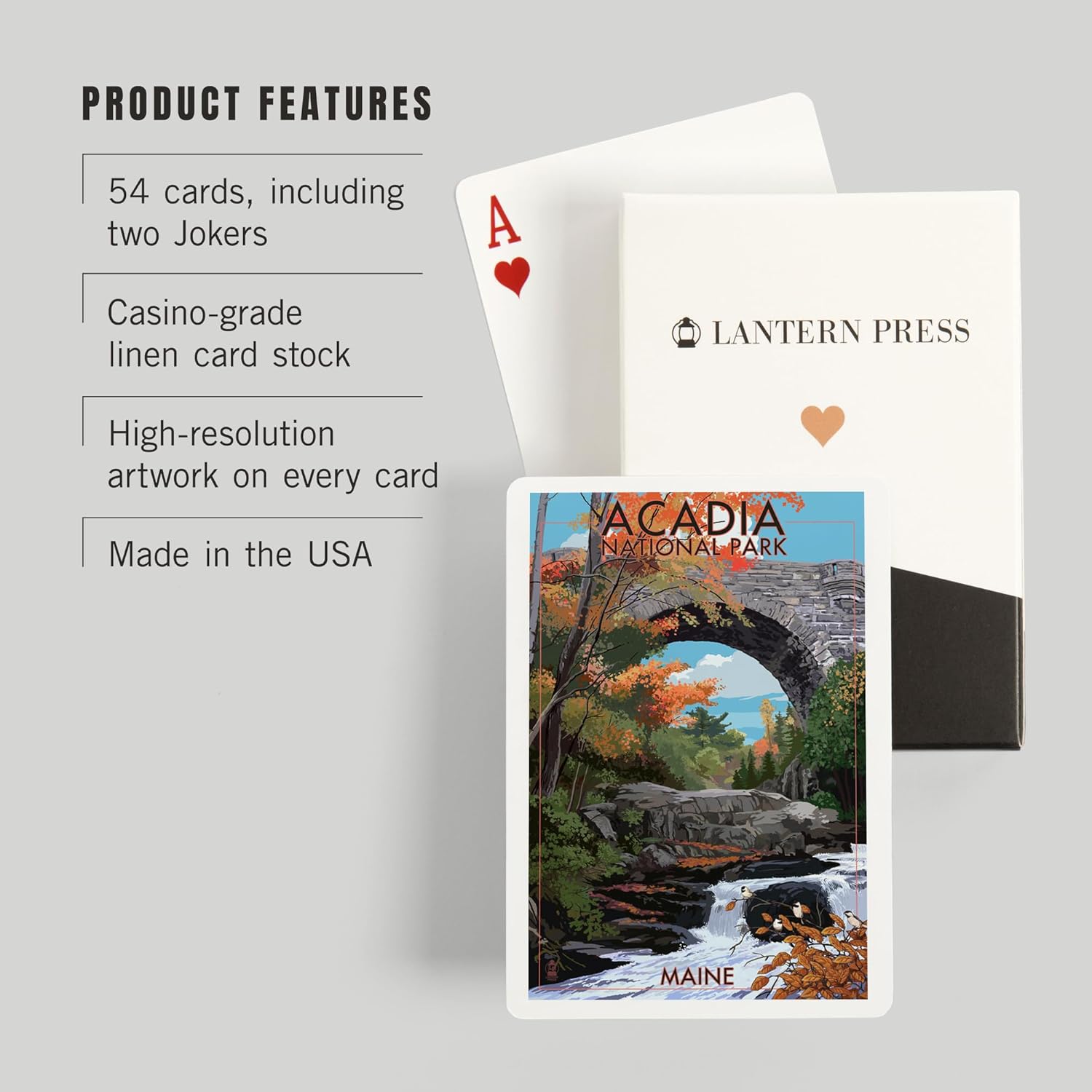 Lantern Press Acadia National Park, Maine, Stone Bridge, 52 Playing Cards for Adults, Poker Size Card Deck