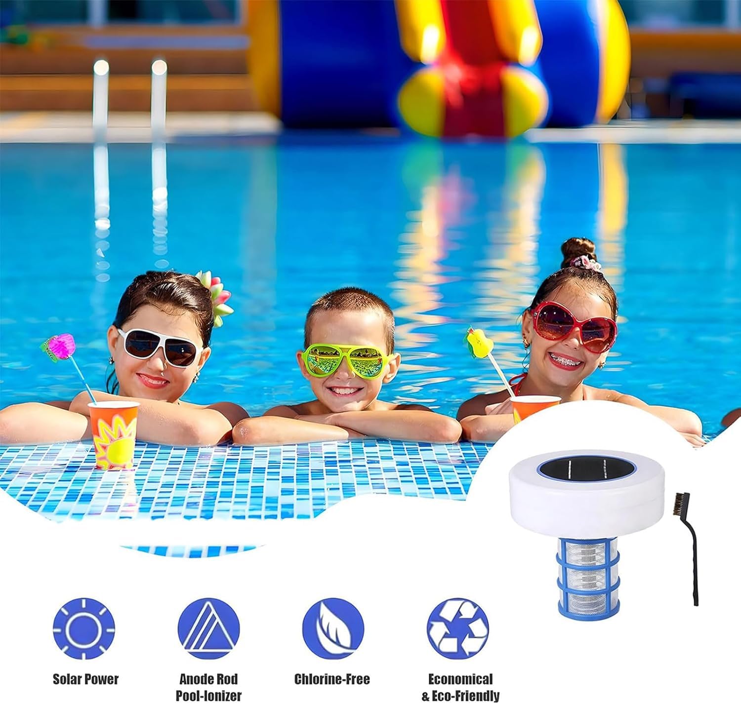 Limpiador ionizador Solar para Piscinas, purificador de Piscinas de Iones de Plata y Cobre con 2 Juegos de Accesorios, sin Cloro, para Piscinas elevadas, jacuzzis SPA