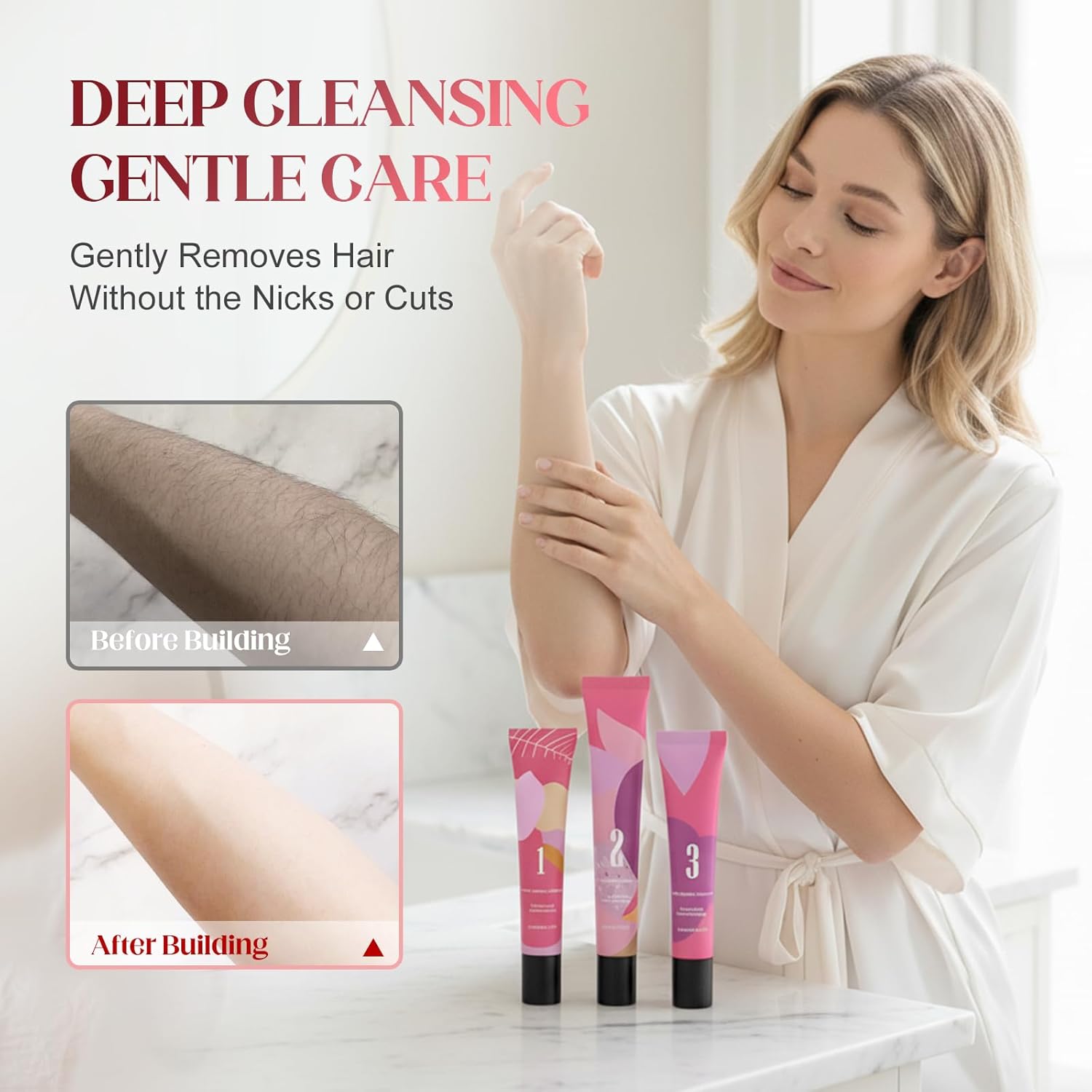 Gentle Facial Hair Removal Cream for Women, Advanced Formula for Sensitive Skin, Painless Hair Remover Kit with Cream & Smoothing Gel & Soothing Lotion (3, Standard)