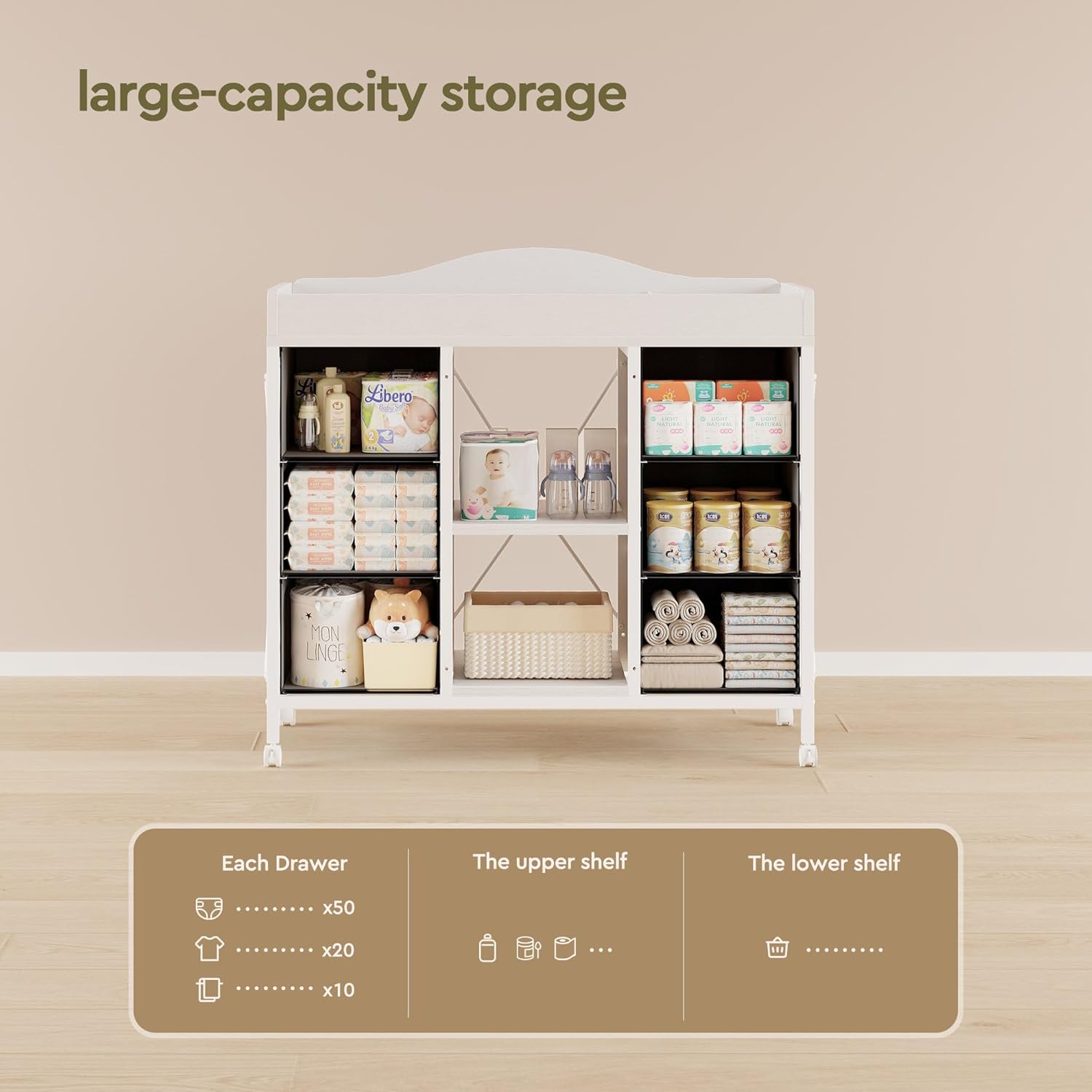 Changing Table, 6-Drawer Baby Dresser with Changing Table top, Waterproof Diaper Changing Station & Pad, 2 Height-Adjustable Open Storage Shelves, Mobile Nursery Organizer, White