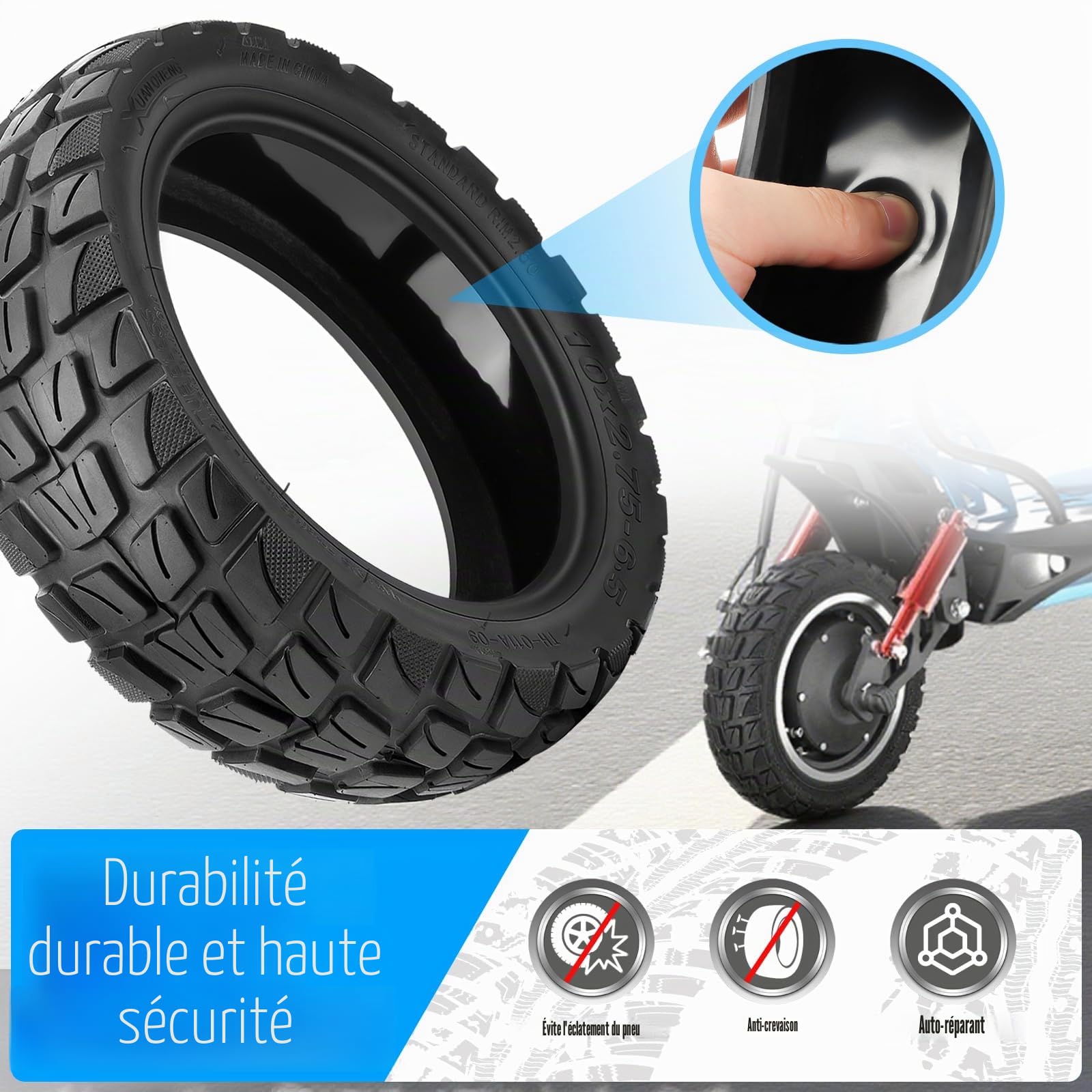 Pneu 10x2.75-6.5 Tubeless Offroad pour Kukirin G2 Master Trotinette, Pneu Tubeless 10x2.75-6.5 avec Gel Auto Réparer, 10 Pouces Pneu Sans Chambre a Air avec Valve, Anti-Usure & Dérapant, 1PCS