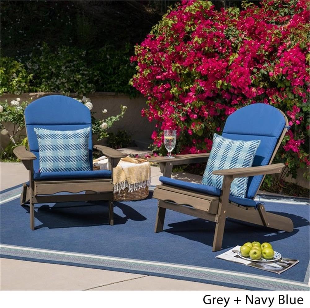 Christopher Knight Home Amenda Outdoor Acacia Wood Folding Adirondack Chairs with Cushions (Set of 2), Gray, Grey + Navy Blue