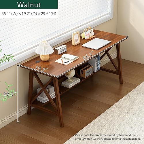 Miniatura 5 de Escritorio extra largo con estantería  Mesa de estudio de trabajo de oficina en casa de madera, estación de trabajo para computadora de escritura