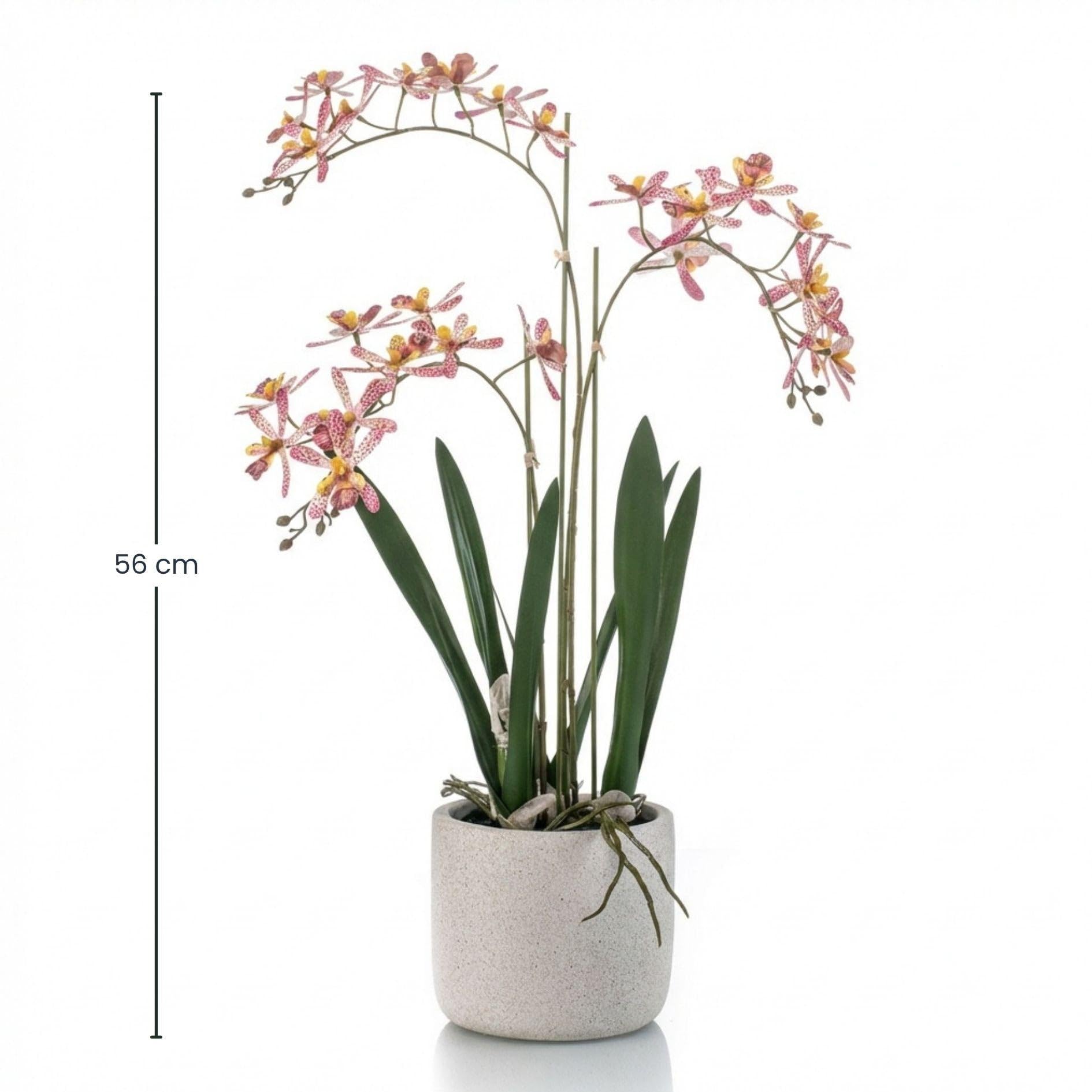 Sztuczna orchidea Renanthera 56 cm w doniczce – żółta pomarańczowa roślina kwitnąca sztuczna roślina w szarej doniczce – realistyczna dekoracja storczyków, bez pielęgnacji, piękna przez cały rok
