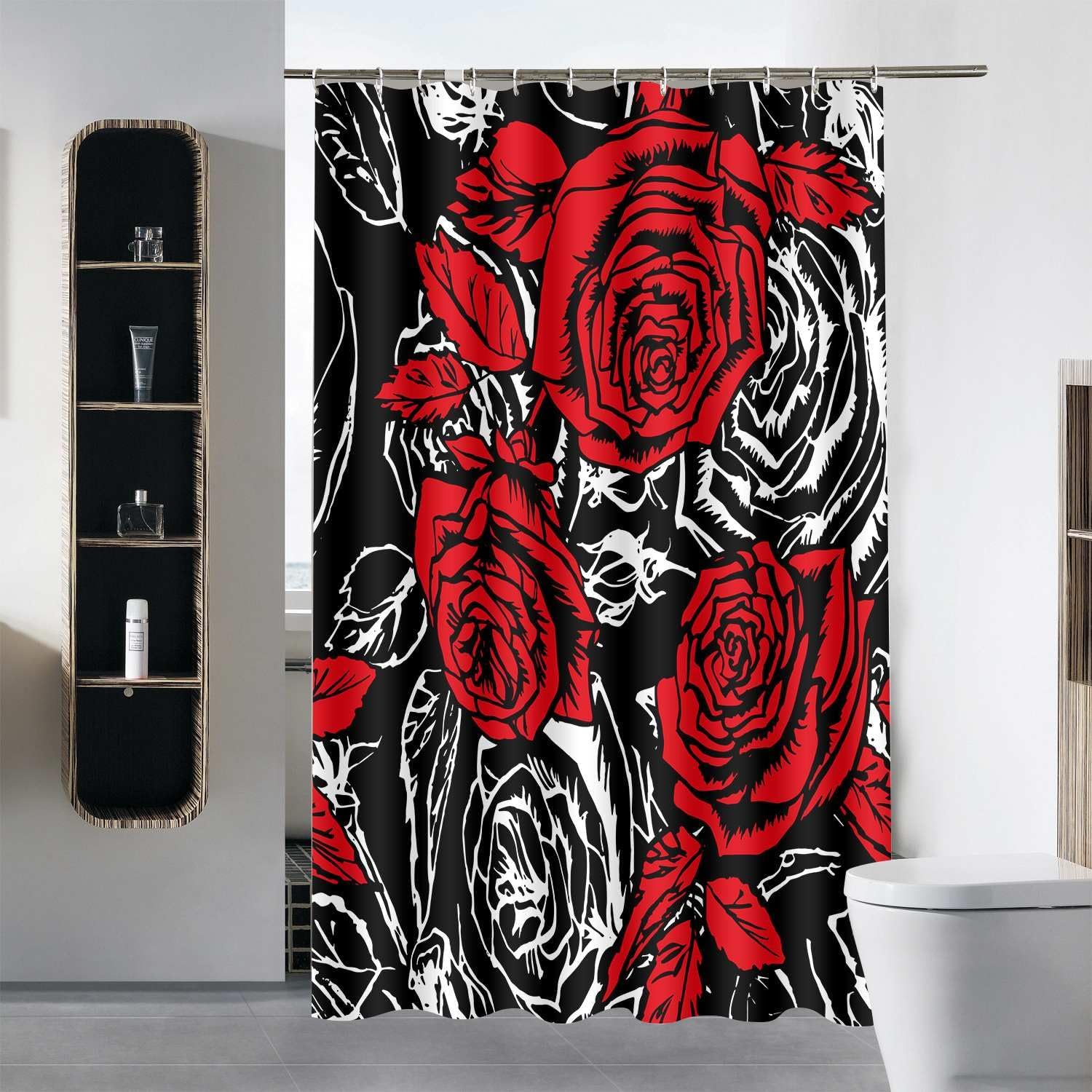Black Red Rose Shower Curtain Set Bathroom 4 Pcs with Non-Slip Rugs and Toilet Lid Cover for Bathroom, Artistic Modern Elegant Floral Design Bathroom Decor, Machine Washable