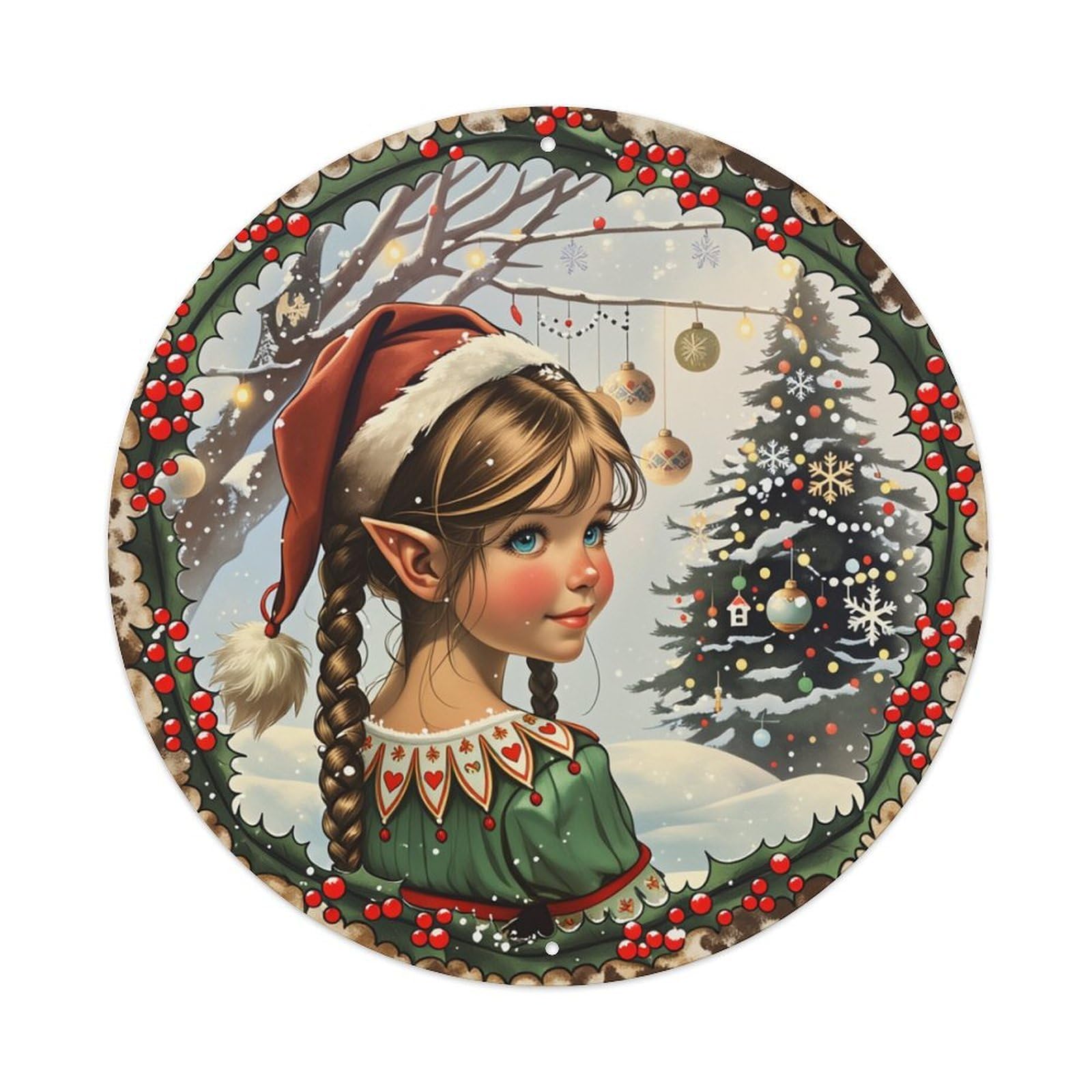 Christmas Elf Girl Winter Scene Round Tin Sign Retro Metal Sign for Cafe Bar Pub Home Game Room Gym Club Wall Decoration Vintage Metal Poster 8x8 Inch