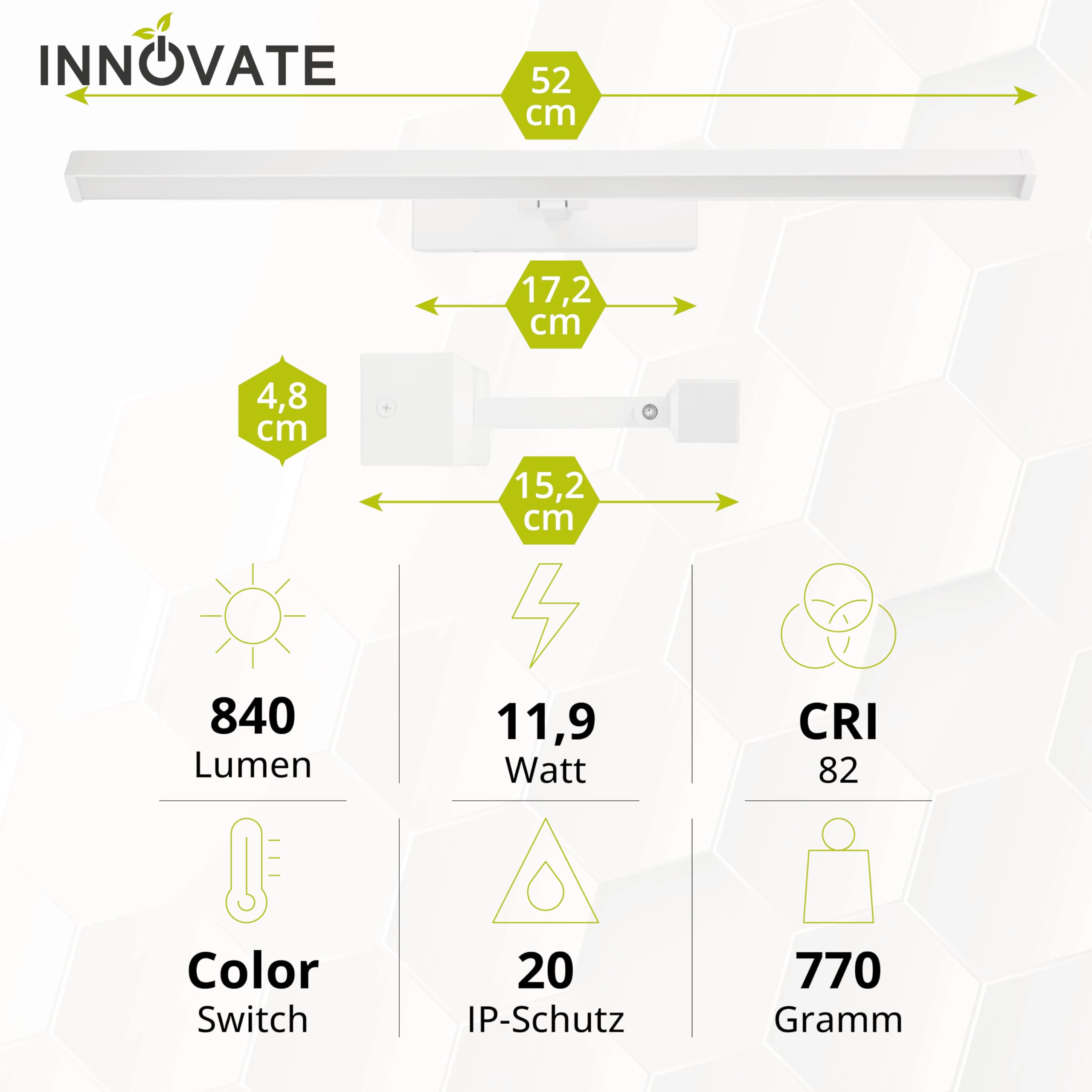 INNOVATE LED Spiegelleuchte Spiegelschrank Bad Weiß [LED Lampe 230 V ColourSwitch schwenkbar] Bild Badezimmer Spiegelschrank I Schrankbeleuchtung Badezimmerschrank I Spiegelleuchte Bad Bilderlampe