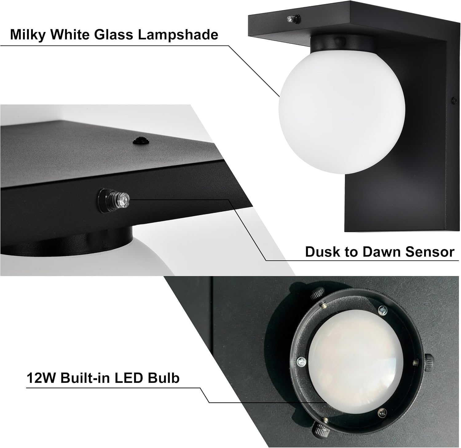 Large LED Outdoor Wall Lights, Frosted Glass Globe Shade Outdoor Sconce, Black Exterior Light Fixtures with Dusk to Dawn Sensor, Waterproof 12W 3000K for Front Door, Garage, Patio, Porch, 1 Pack