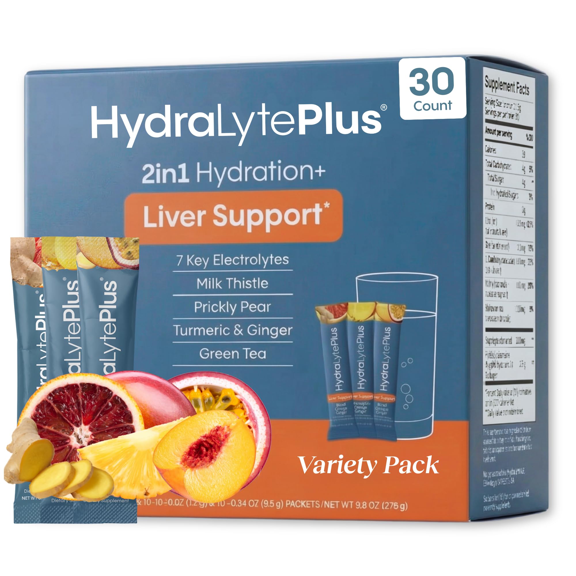 Hydralyte Liver Support + Electrolyte Mix with Milk Thistle, Turmeric, Ginger, Prickly Pear, Green Tea Extract Formulated for Rapid Rehydration (Variety Flavor, 30 Packets)