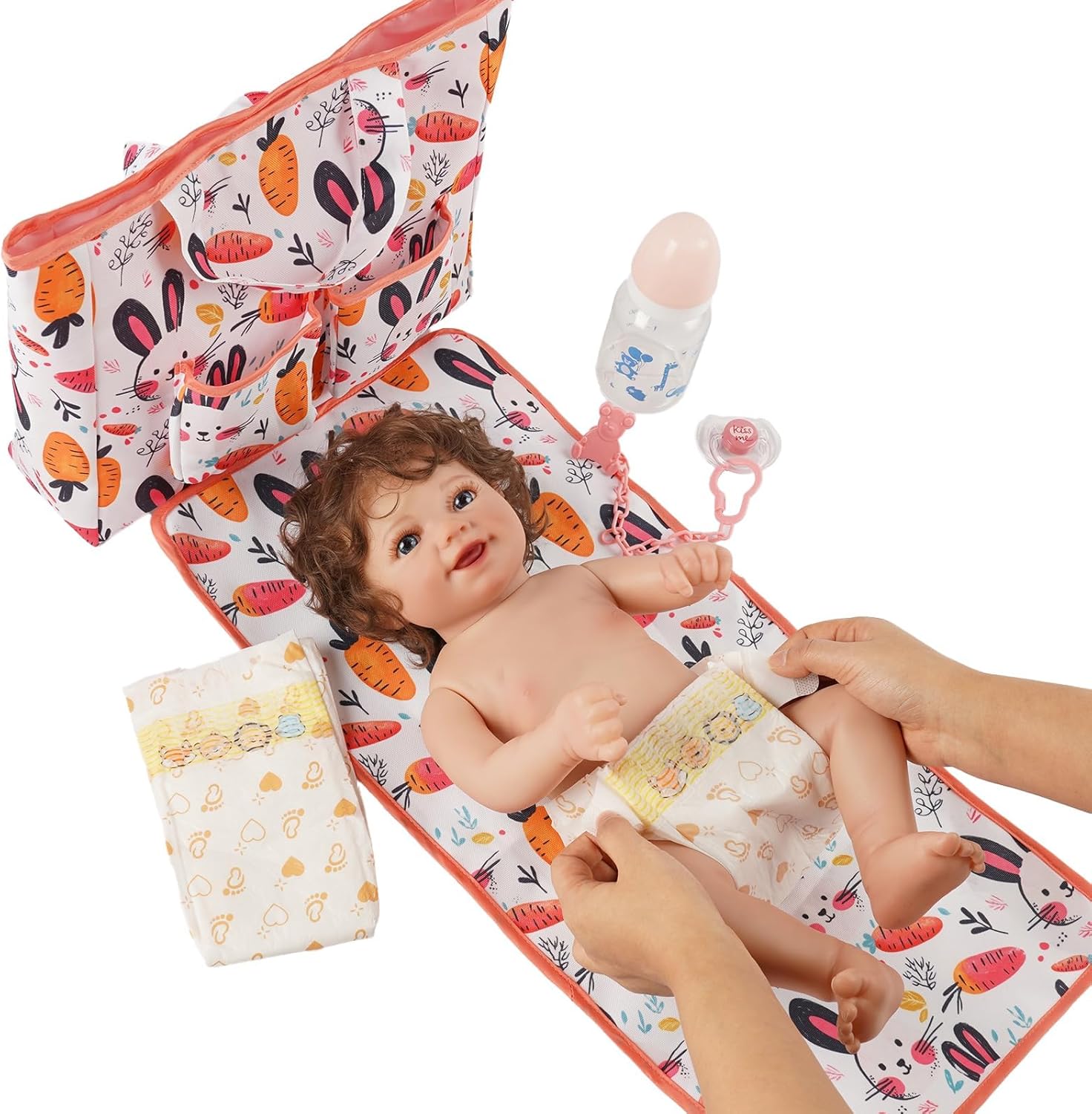 BABESIDE 7 Pcs Reborn Doll Accessories Set for 17-22 Inch Dolls, Feeding and Care Set, Including Diaper Bag, Great for Children's Pretend Play (Dolls not Included)