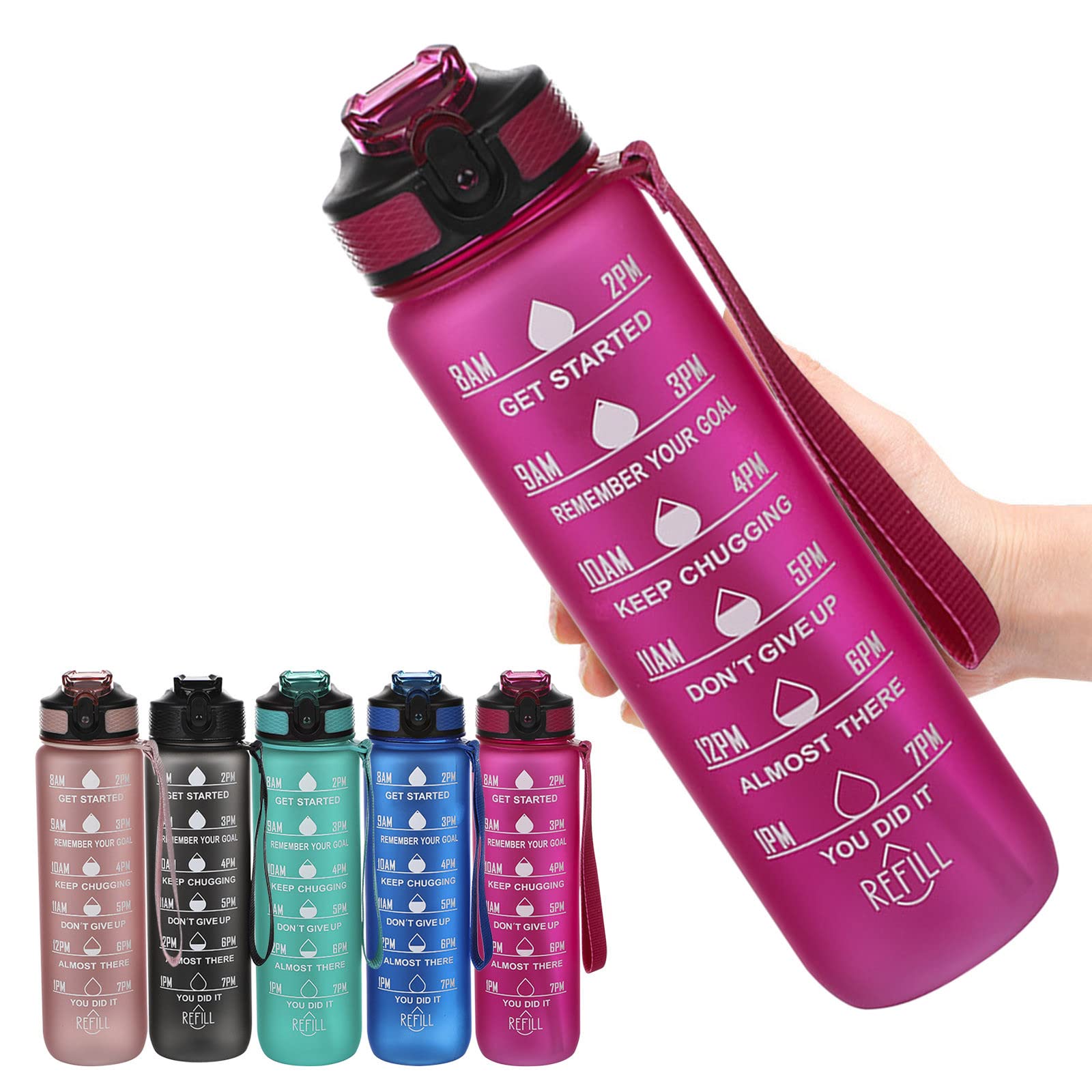 32oz Leakproof Motivational Sports Water Bottle with Straw Time Marker Flip Top Durable BPA Free Non-Toxic Frosted Bottle