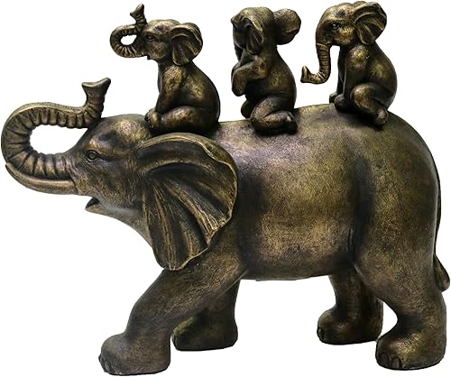 Nature's Mark Estatua de Resina de 3 Bebés Elefantes Montando en un Elefante de 8" H Figura Decorativa para el Hogar (Bronce)