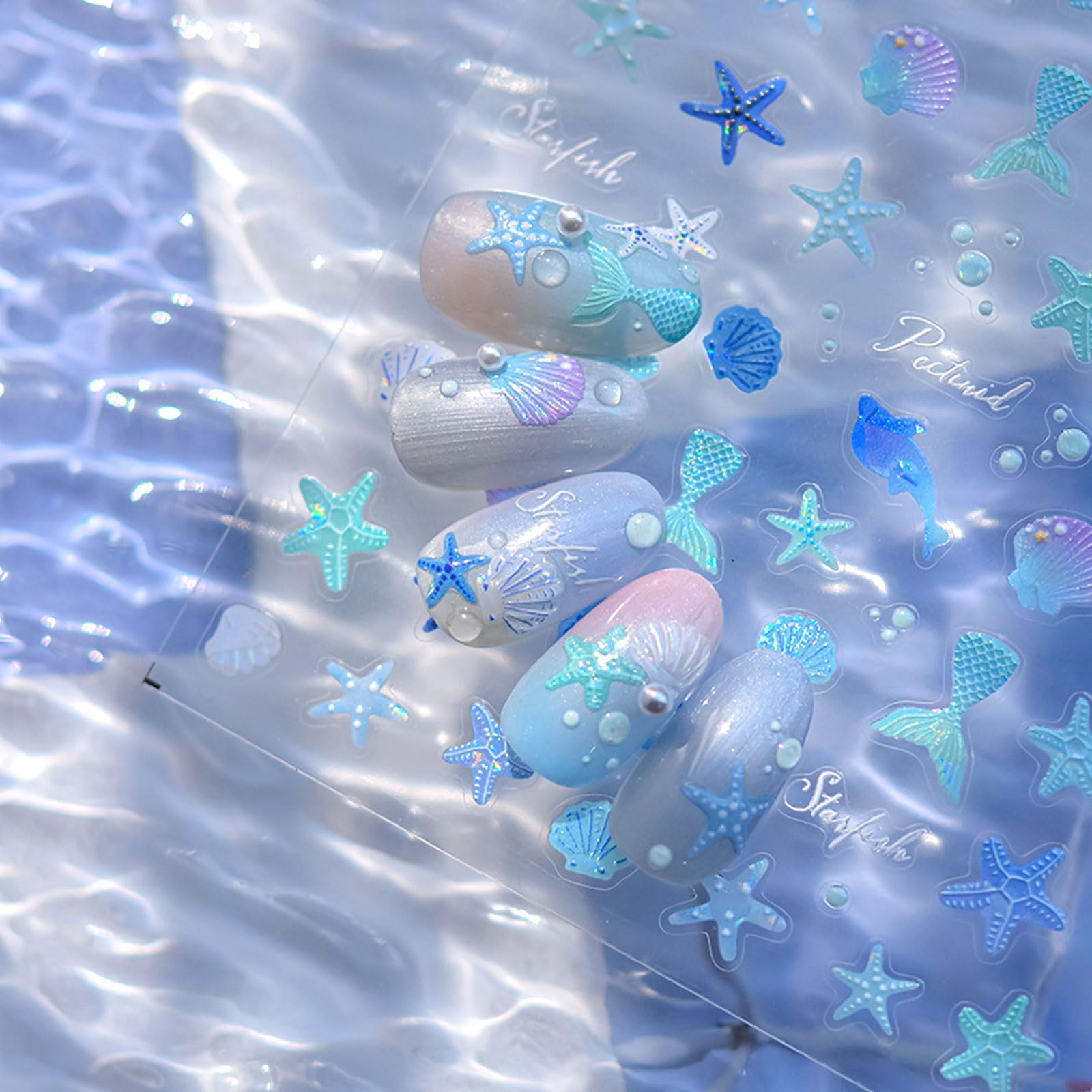 Summer Nail Art Stickers 5D Embossed Ocean Starfish Seashell Fish Tail Blue Nail Decal Laser Nail Design Kit Self Adhesive Nail Decor Gel Nail Stickers for Nail Art Supplies