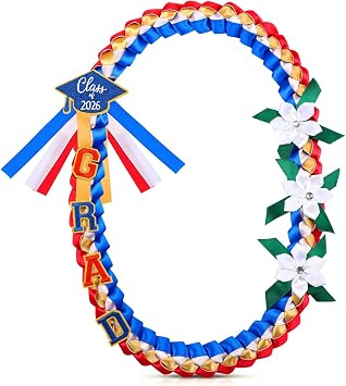 Jutom 48" Philippines Graduation Leis 2026 Filipino Graduation Ribbon Lei Class of 2026 Red Blue White Gold Braided Necklace Handmade Sampaguita Congrats Graduate Gift for Women Men Grad Party