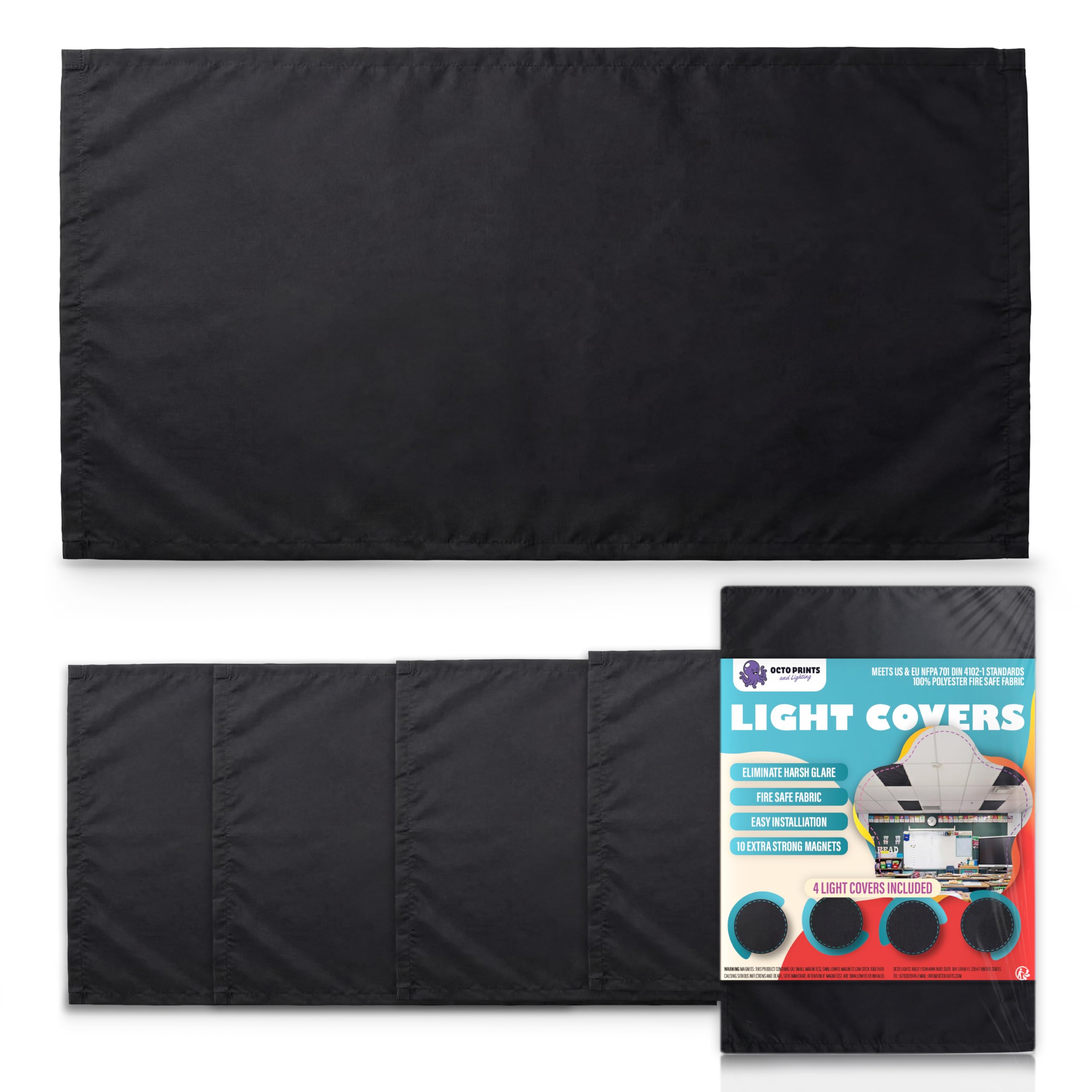 Fluorescent Light Covers for Ceiling Lights Classroom Black Magnetic 4 Pack