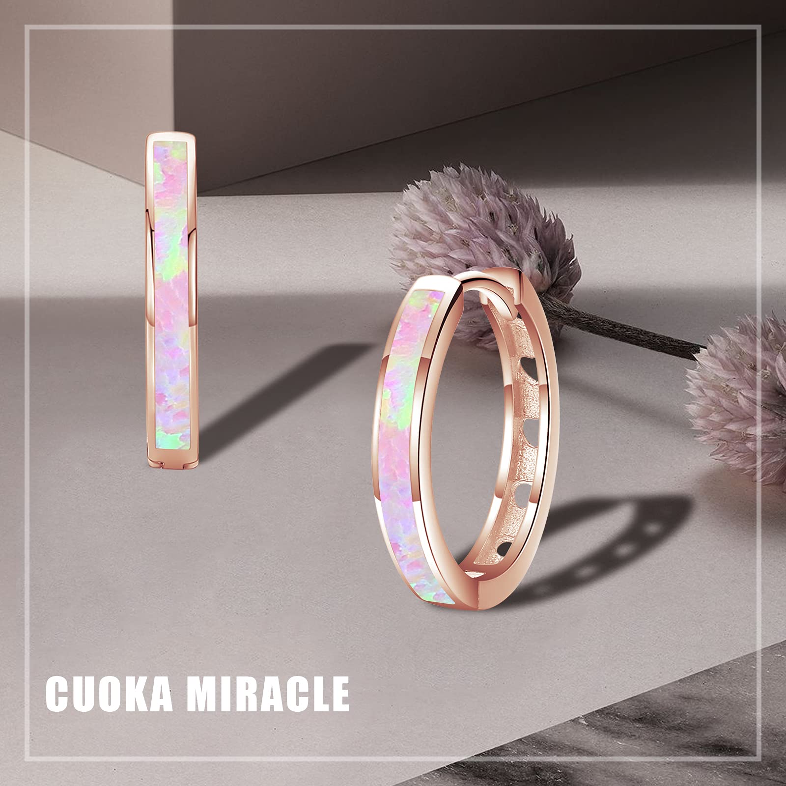 CUOKA MIRACLE Orecchini a cerchio da donna con opale, orecchini a cerchio incernierati, in argento Sterling 925, ipoallergenici, per orecchie sensibili, opale simulato, gioielli colorati, regalo di