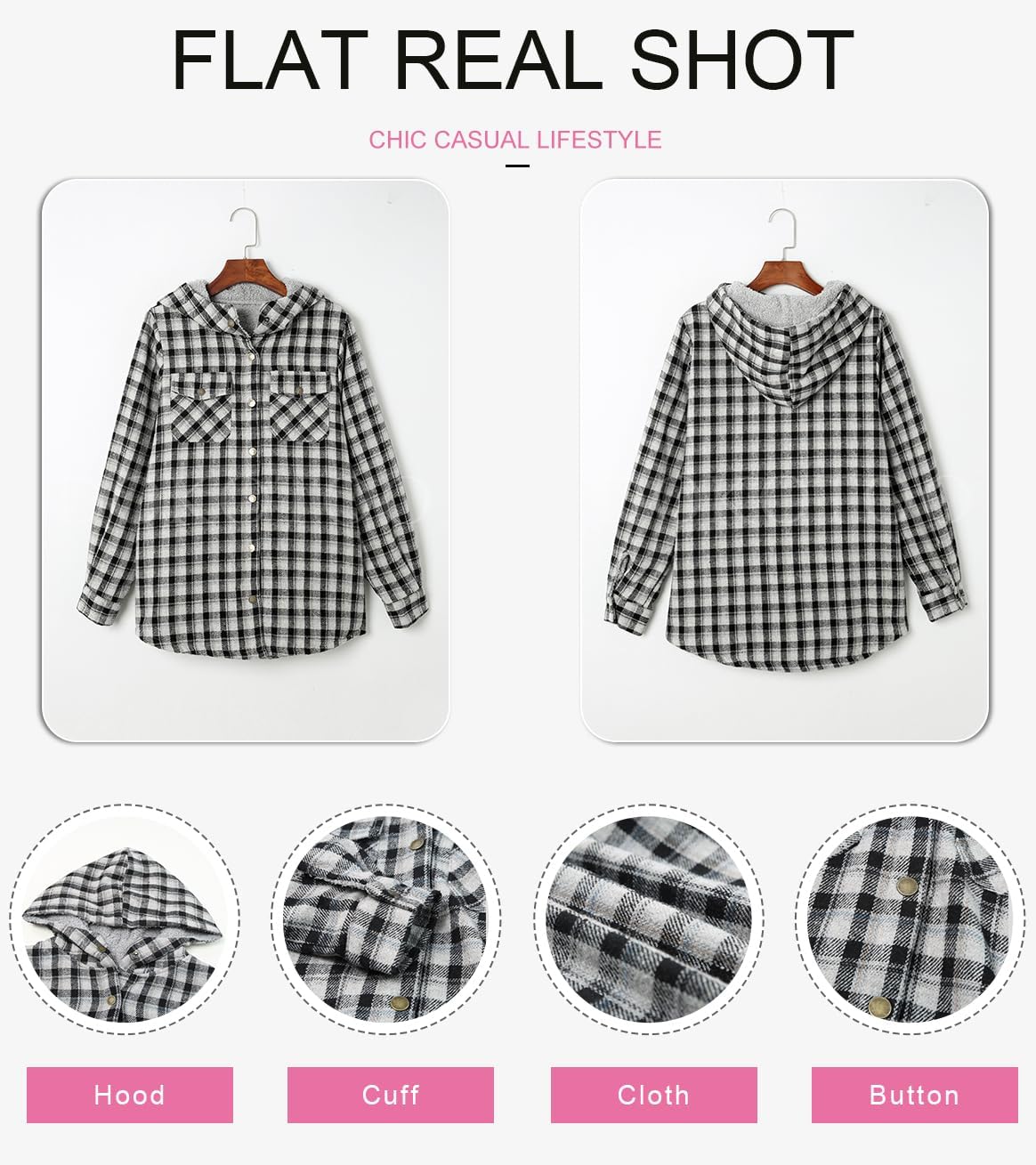 Dokotoo Womens Plaid Shacket Jacket Long Sleeve Button Down Fleece Hooded Jackets Warm Coat - Image 5