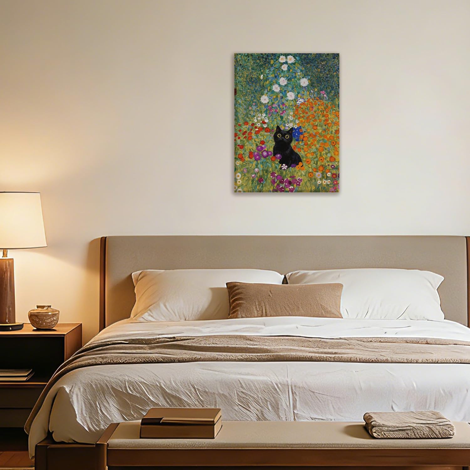 FWSFD Wildflower Black Cat Wall Art Decor Framed, Black Cat Gifts for Women, Cottagecore Colorful Floral Kitty Kitten Canvas Prints Artwork for Home Bedroom Living Room, 12x16 Inches