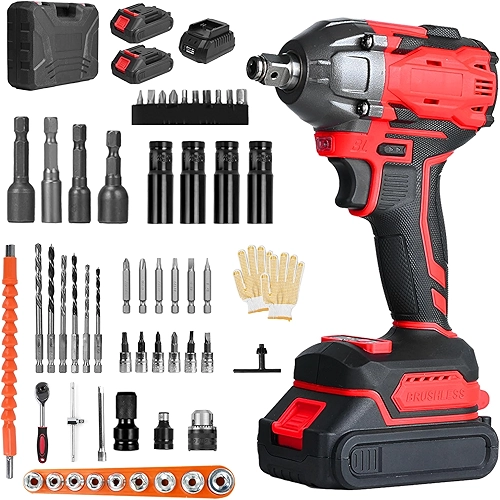 Chave de Impacto Elétrica 48V com 2 Bateria, 55 Peças, Alta Velocidade Até 3000 RPM, Furadeira de Impacto Multiuso de 600N com Cabo de Borracha e Carregador, Parafusadeira e Furadeira