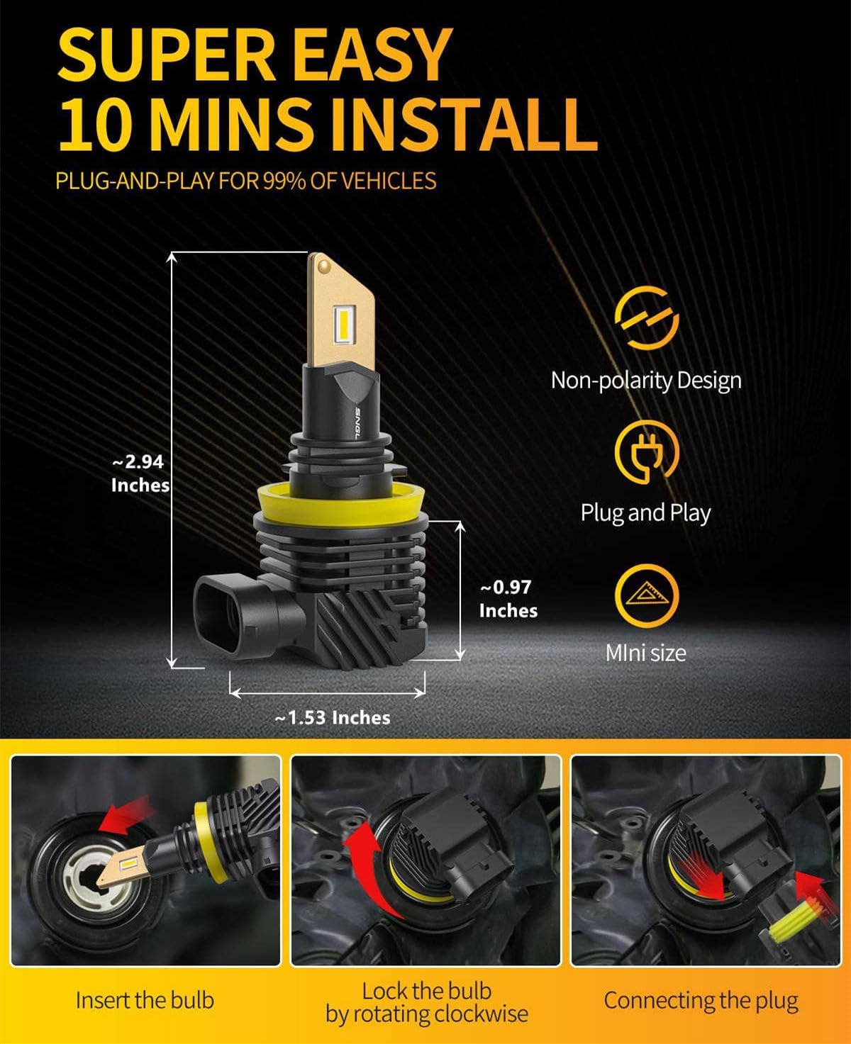 SNGL H11/H8/H16 LED Fog Light Bulbs or DRL, 3000K Amber Yellow, 13000LM Per Set, 500% Brightness, Fanless, for Fog Light or Powersport, Pack of 2