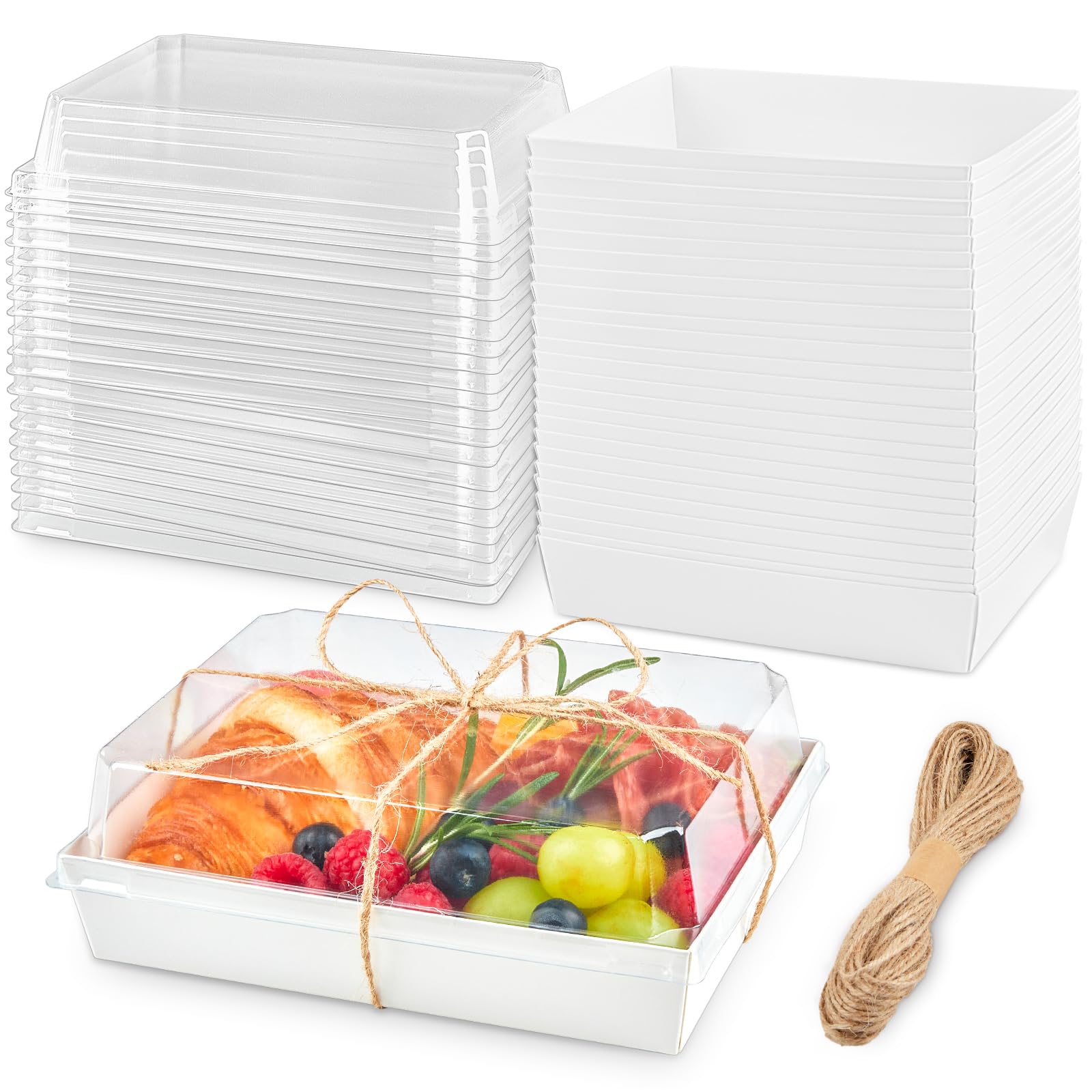 7x5 Inches Charcuterie Boxes with Clear Lids, 50 Pack Paper Bakery Boxes with Window Take Out Containers for Cupcakes, Salads, Strawberries, Cookies and Treats (White)