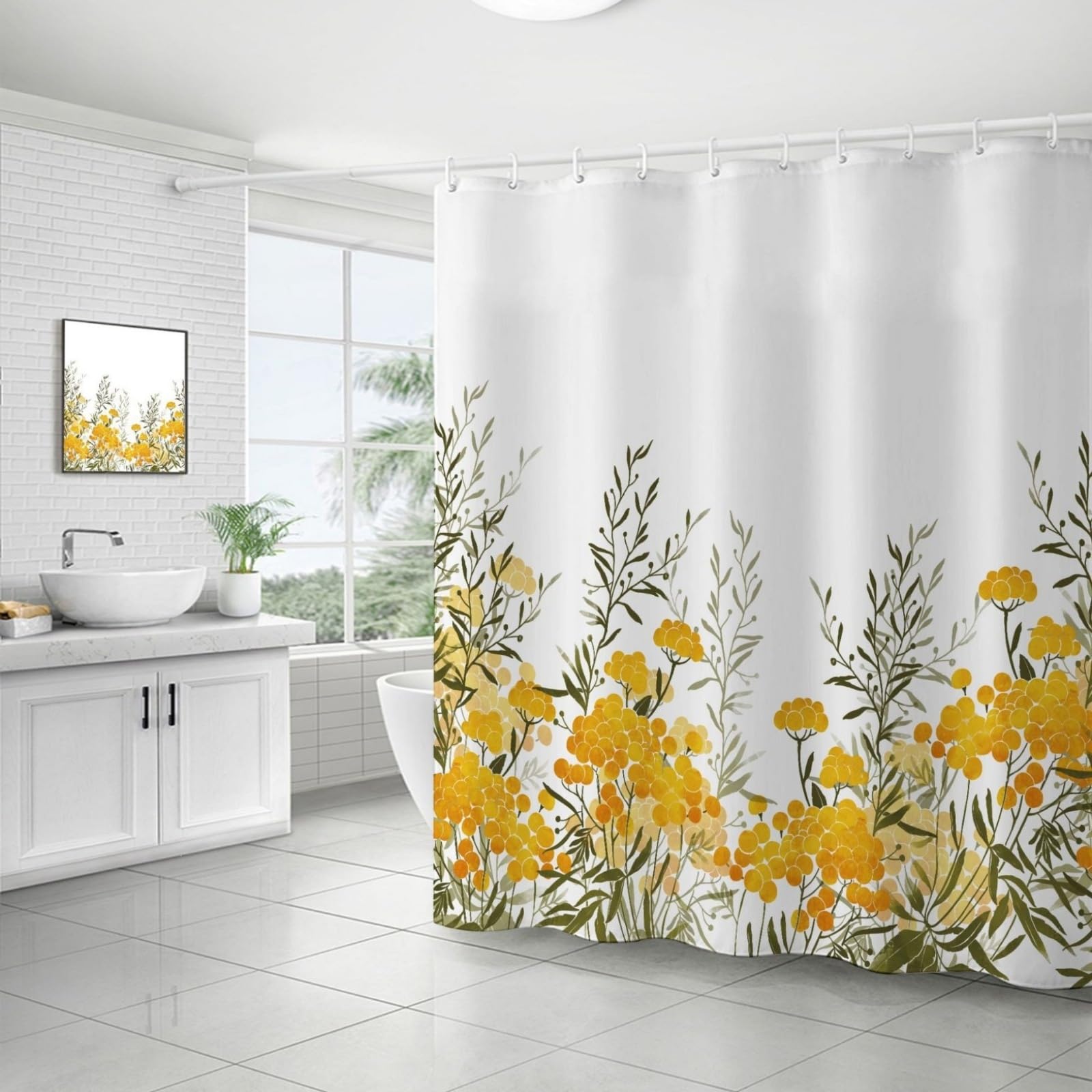 Shower Curtains Yellow Flower Leaves Wet Room Shower Curtain Mould Proof Resistant Waterproof Polyster Fabric Washable with 12 Hooks Garden Bathroom Curtains (180x180cm)