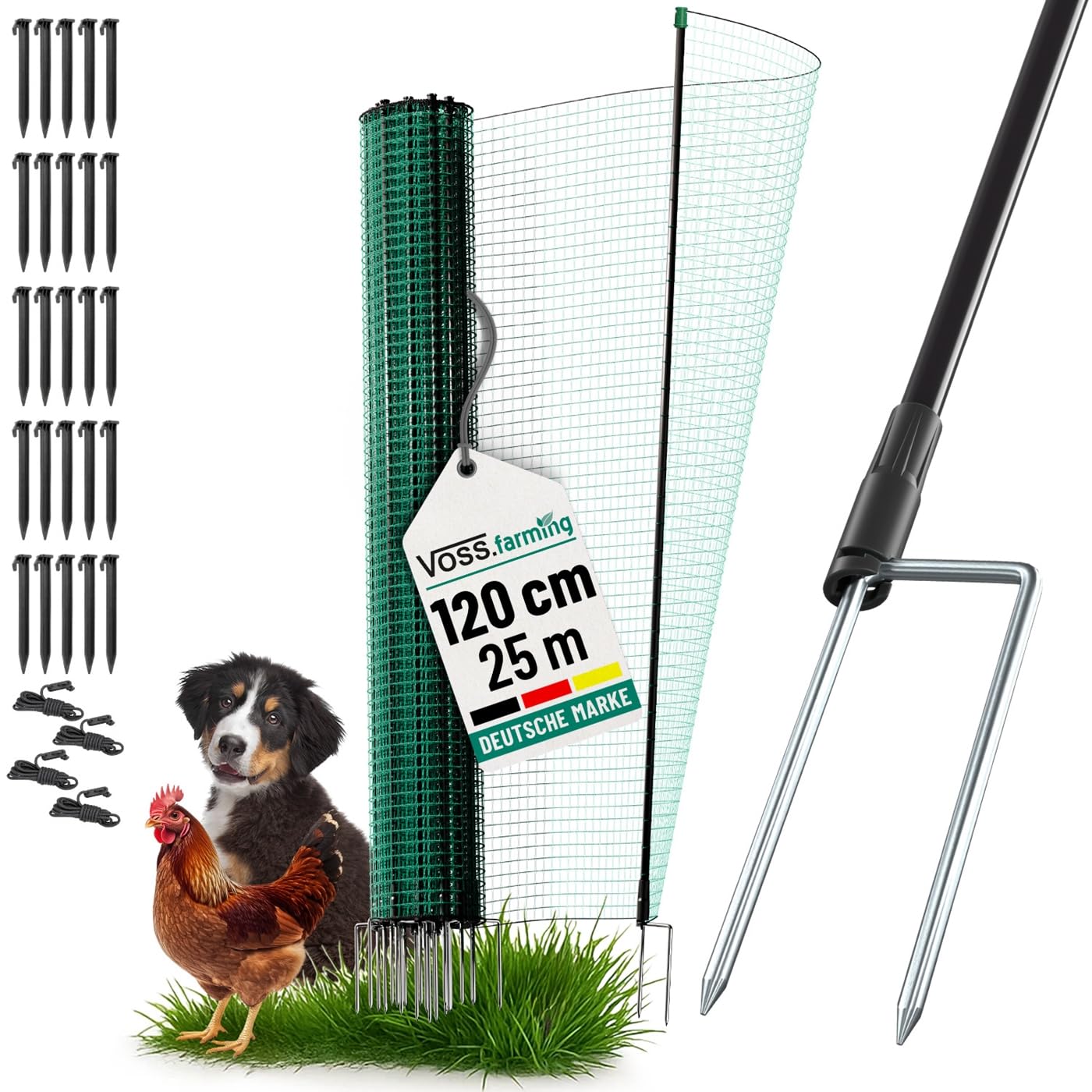 VOSS.farming Begrenzungszaun Classic ohne Strom, 25m, 120cm, 15 Pfähle, 2 Spitzen, grün, Kleintiernetz, mobiler Zaun, Gartenzaun, für Garten, Haus, Hof
