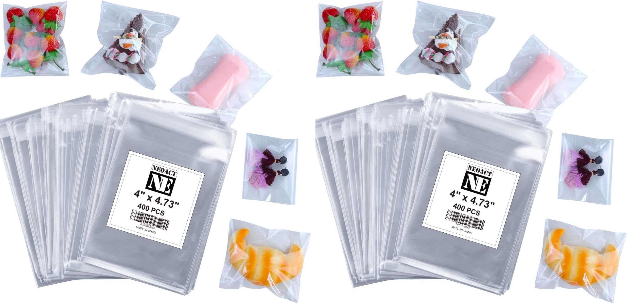 NEOACT 400 Pcs 4"x4.73" Clear Resealable Cellophane Bags Good for Bakery, Candle, Soap, Cookie Poly Bags (Pack of 2)